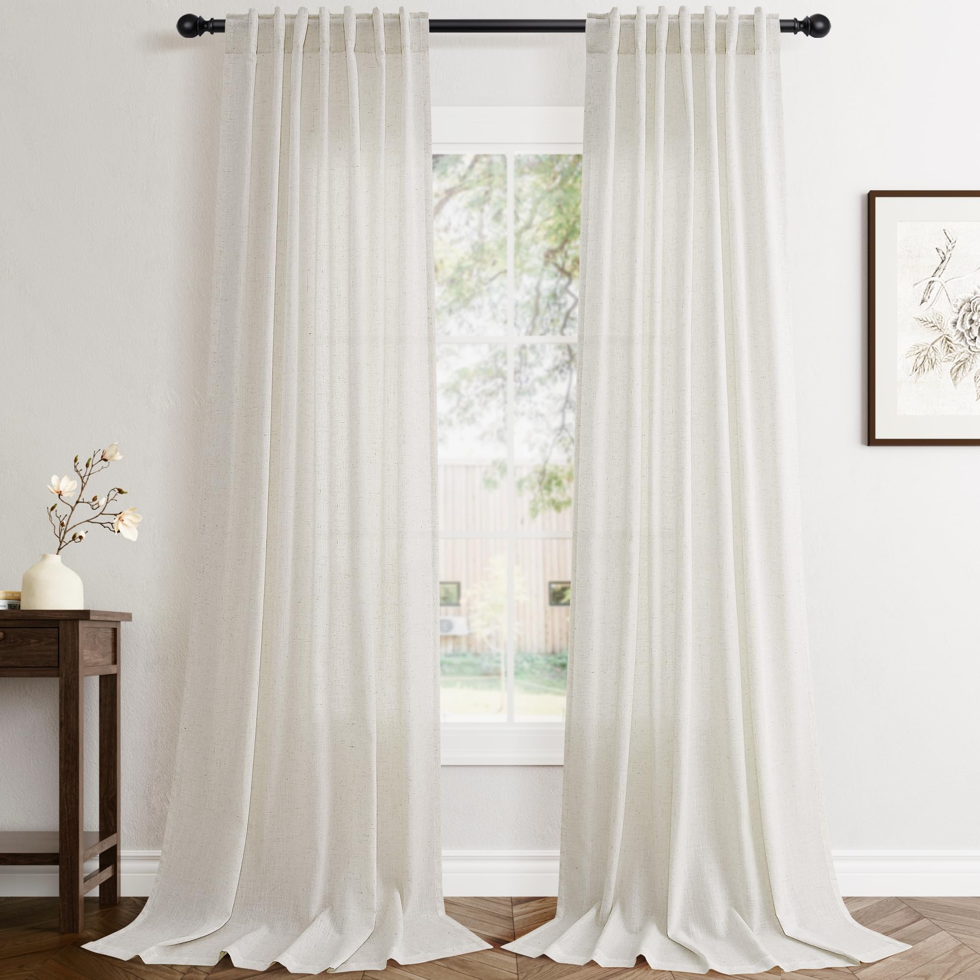 Flax Linen Beige Curtains 96 inches Long 2 Panel for Living Room Back Tab Pocket Drapes Semi Sheer Privacy Khaki Window Curtain Country Rustic Farmhouse Cloth Curtain for Dinning Room Tan