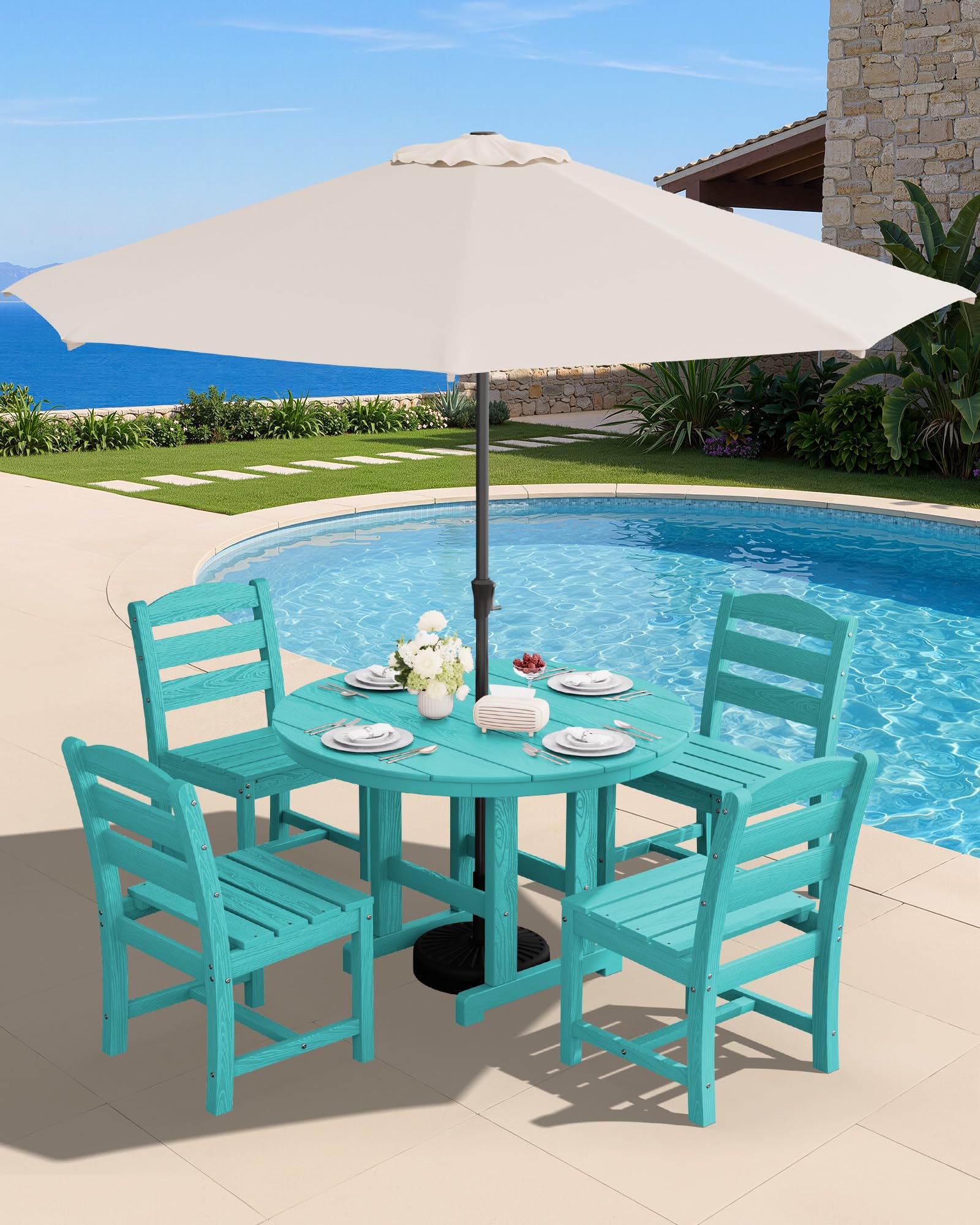 SERWALL 5-Piece Patio Dining Sets, HDPE Outdoor Table and Chairs Furniture Set, 45" Round Dining Table and 4 Dining Chairs, Gray