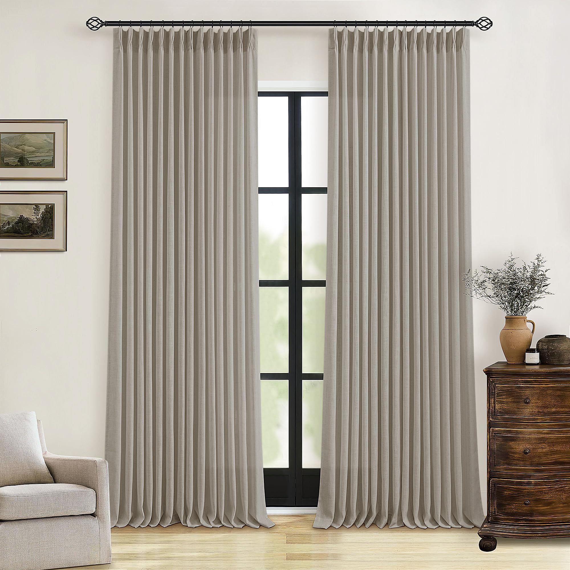 Pinch Pleated Linen Curtains 108 Inches Long for Living Room 2 Panels Set Cream Ivory Flax Double Pleated Drapes Back Tab Neutral Boho Ceiling Floor 108 Inch Window Curtains Bedroom Natural Birch