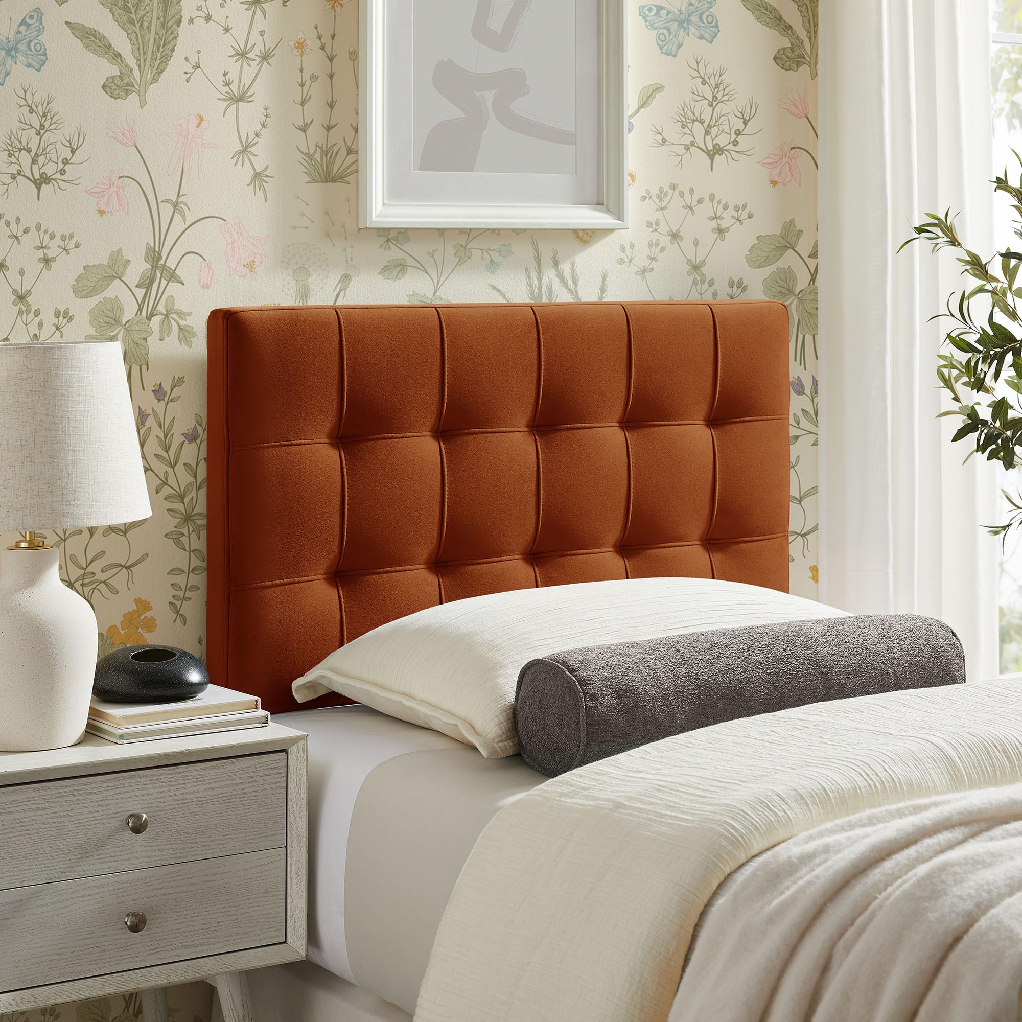 Modway Lily Performance Velvet Full Size Headboard with Biscuit Tufting in Alabaster - Stain-Resistant Upholstery with Padded Design and 5 Height-Adjustable Mounts