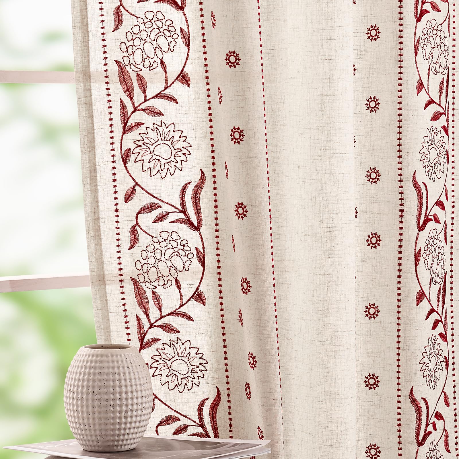 jinchan Winslow Linen Curtains for Bedroom 84 Inches Length Embroidered Bordered Floral Curtains for Living Room Farmhouse Decor Light Filtering Window Treatments Ivory on Beige Drapes 2 Panels