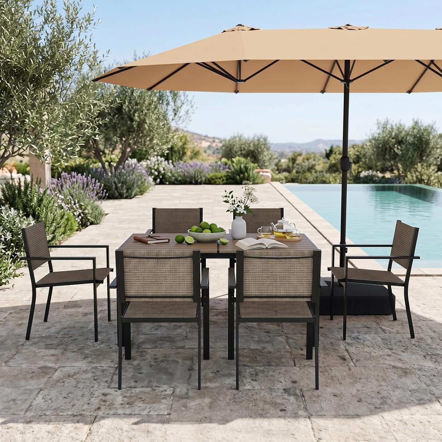 Aoxun 7-Piece Patio Table and Chairs Set for 6, All Weather Outdoor Dining Set with 6 Textilene Chairs and 1 Rectangular Metal Table, Patio Dining Sets for Backyard, Garden and Poolside, Brown