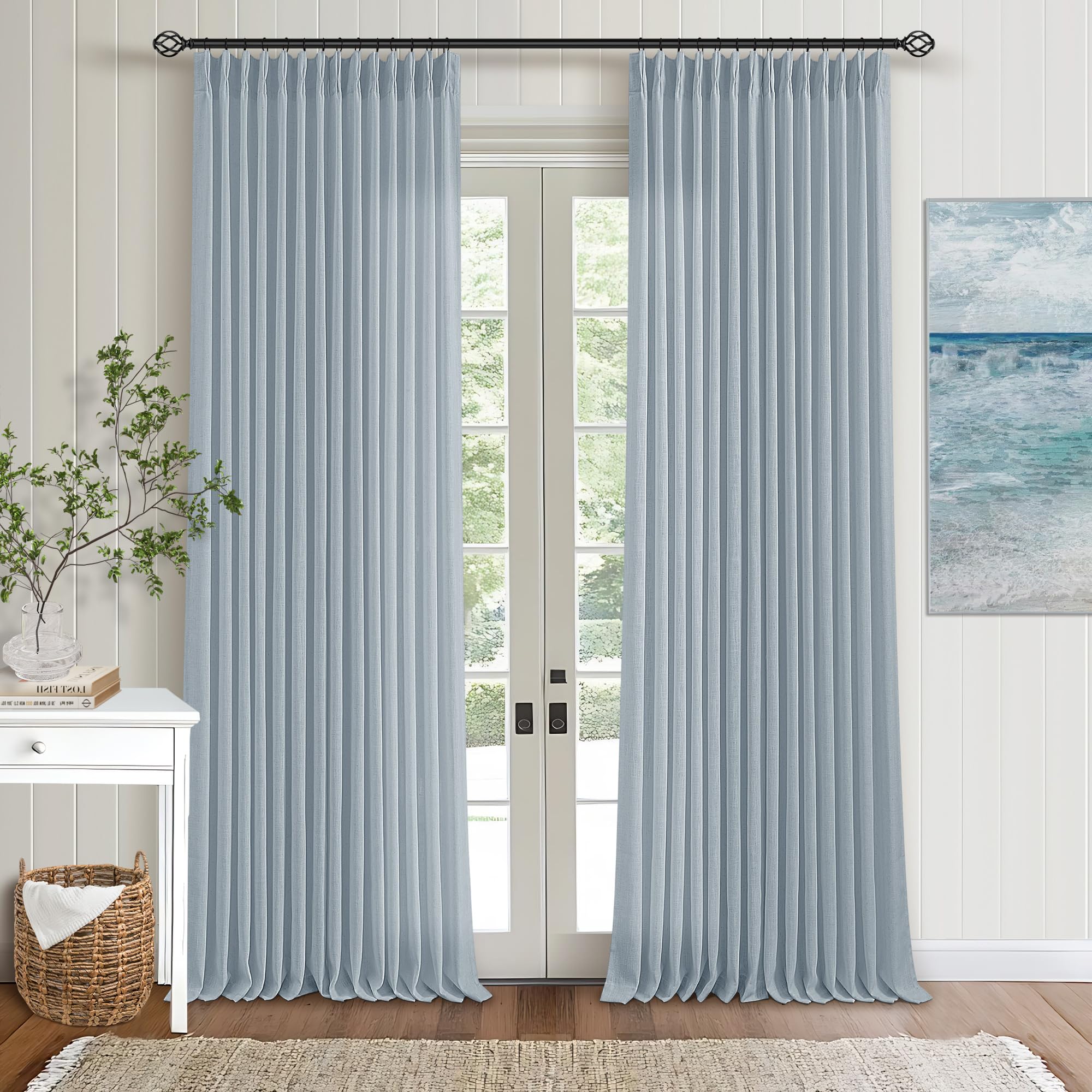 Pinch Pleated Linen Curtains 108 Inches Long for Living Room 2 Panels Set Cream Ivory Flax Double Pleated Drapes Back Tab Neutral Boho Ceiling Floor 108 Inch Window Curtains Bedroom Natural Birch