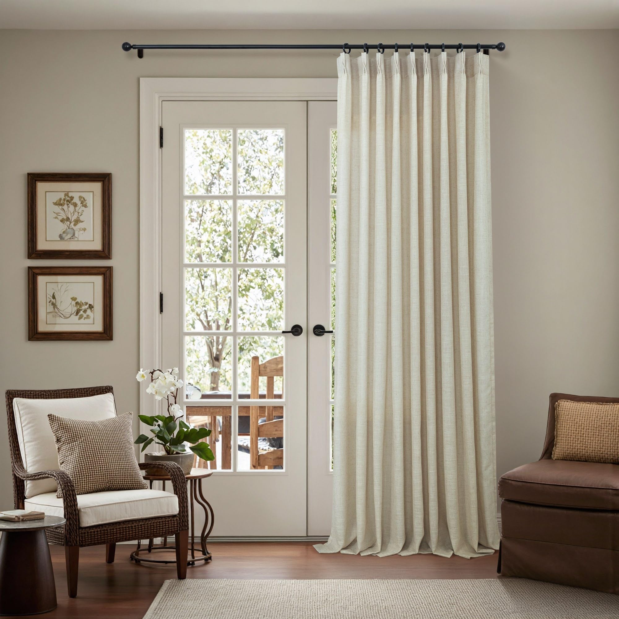 Natural Pinch Pleated Linen Cream Curtains 84 Inch Length 2 Panels for Living Room Bedroom Ivory Semi Sheer Light Filtering Modern Farmhouse Boho Neutral Rustic Long Drapes Back Tab Pleat Hooks Rings