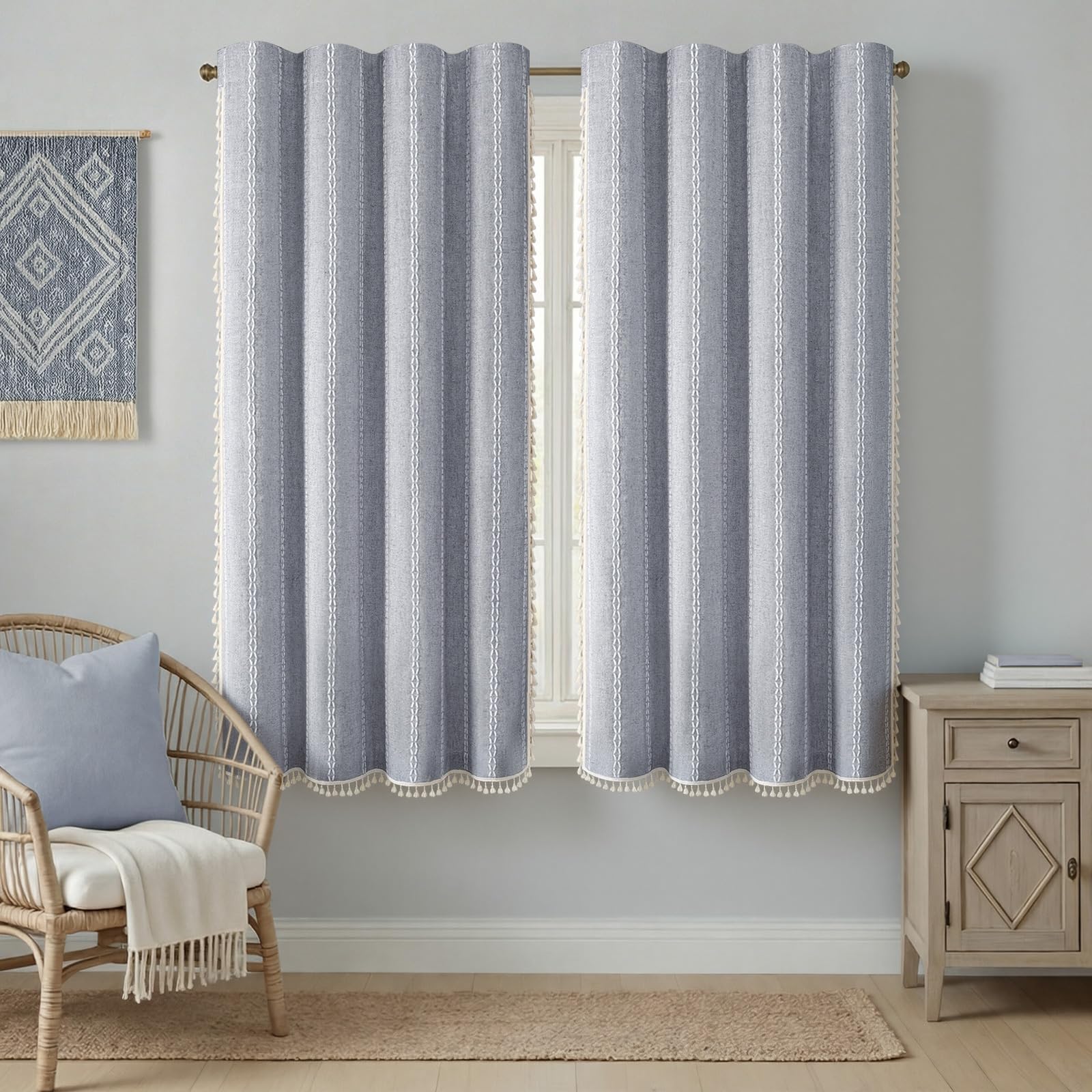 Boho Blackout Curtains 2 Panels 84 Inch for Living Room Bedroom, Beige Linen Texture Farmhouse Curtains with Tassels and Cotton Embroidery Vintage Rustic Western Rod Pocket