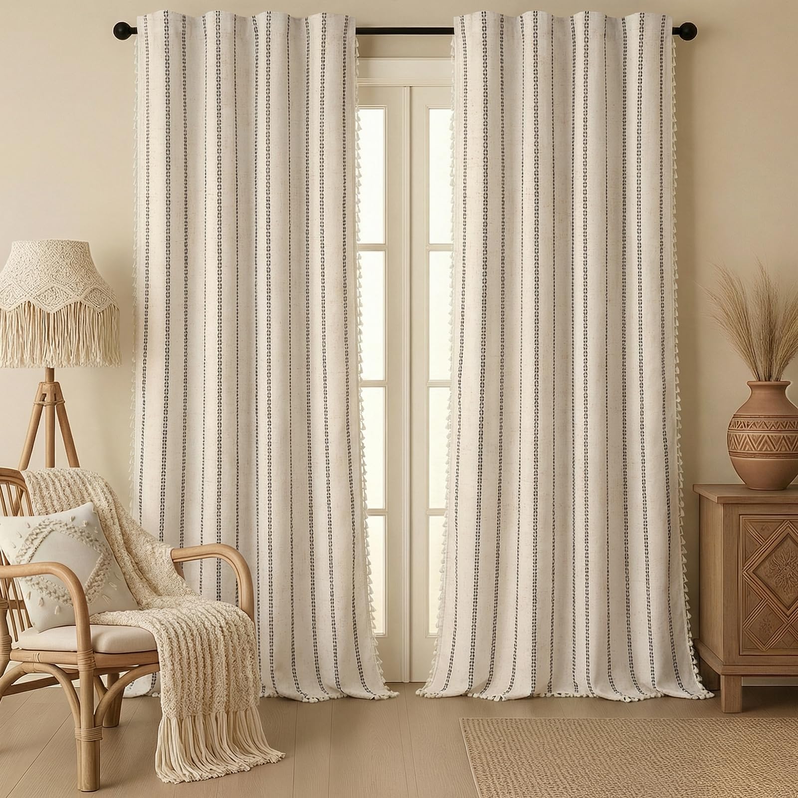 Boho Blackout Curtains 2 Panels 84 Inch for Living Room Bedroom, Beige Linen Texture Farmhouse Curtains with Tassels and Cotton Embroidery Vintage Rustic Western Rod Pocket