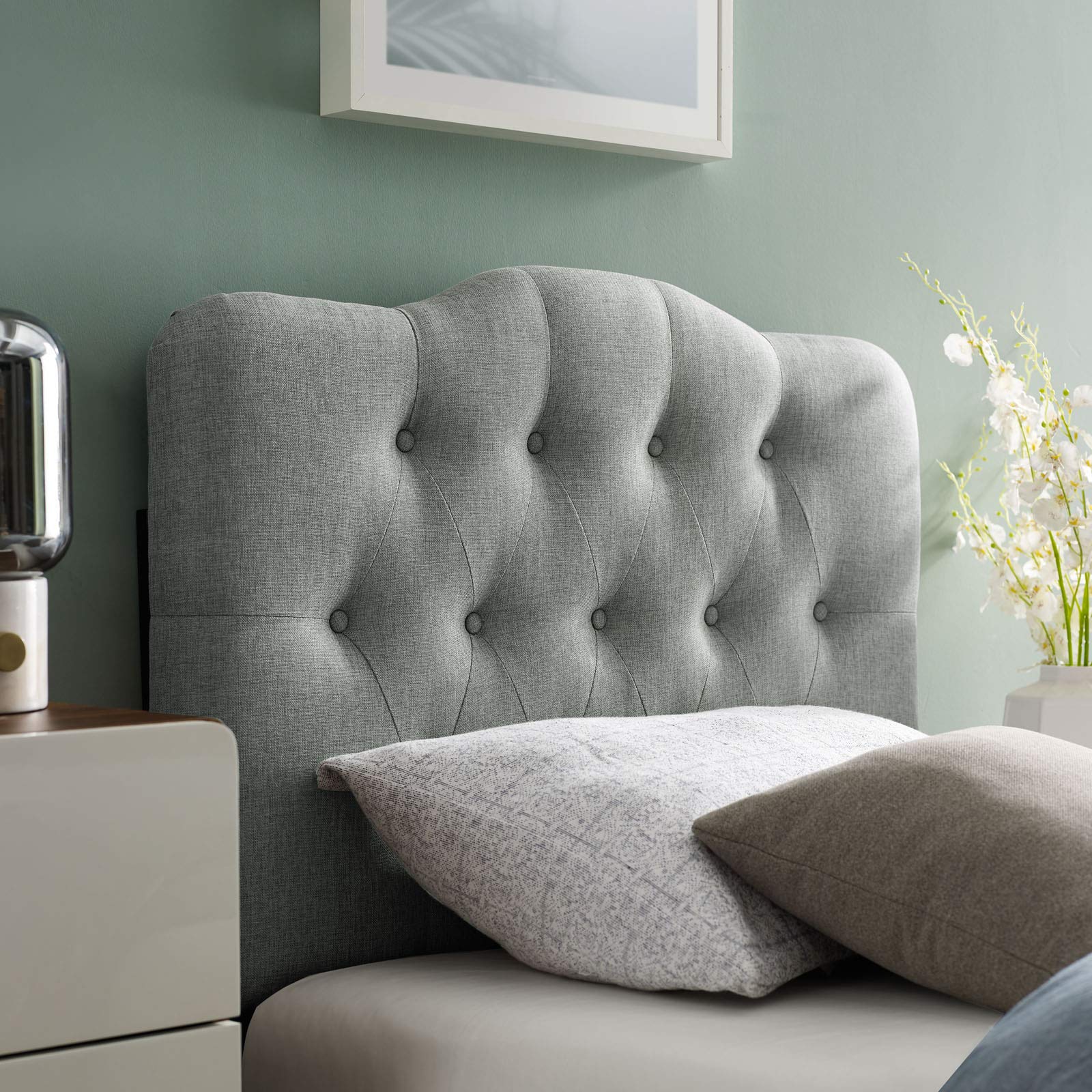 Modway Annabel Tufted Button Linen Fabric Upholstered Queen Headboard in Ivory