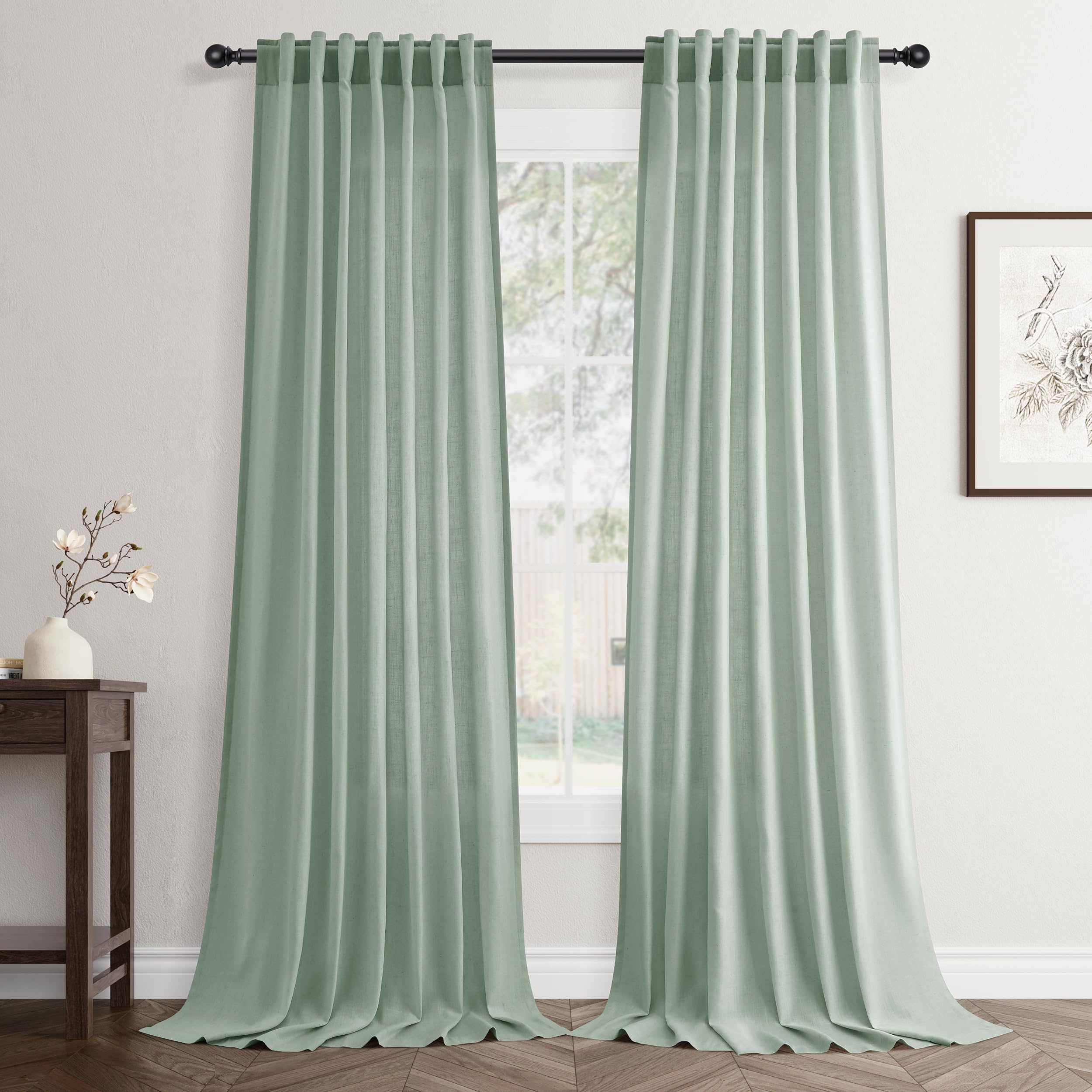 Flax Linen Beige Curtains 96 inches Long 2 Panel for Living Room Back Tab Pocket Drapes Semi Sheer Privacy Khaki Window Curtain Country Rustic Farmhouse Cloth Curtain for Dinning Room Tan