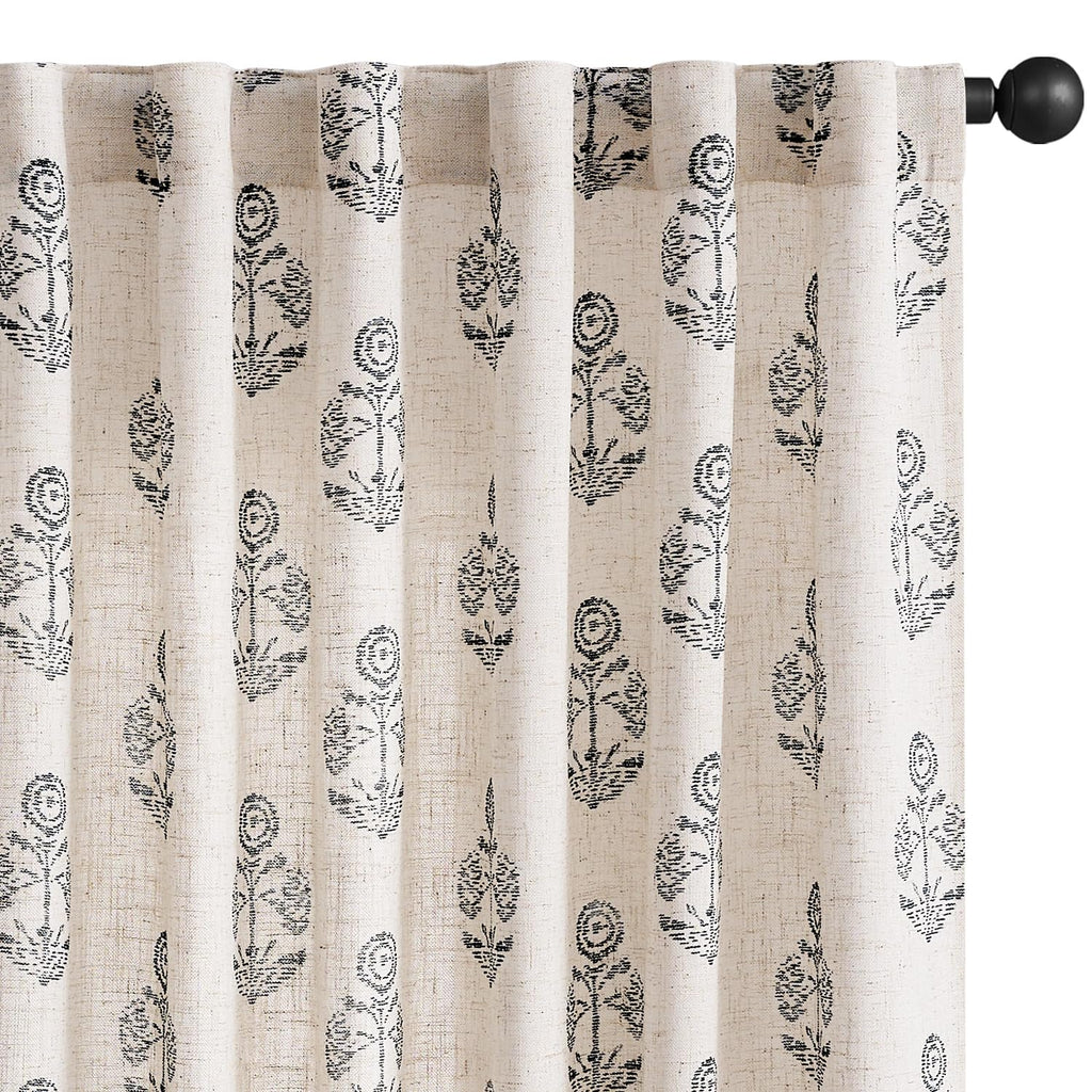 jinchan Linen Floral Curtains for Living Room with Printed Flower 84 Inches Long Light Filtering French Country Back Tab Rod Pocket Taupe Window Curtain Set Farmhouse Drapes 2 Panels Taupe