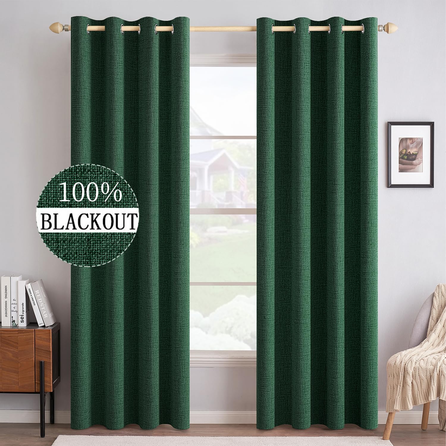 MIULEE 100% Blackout Linen Textured Curtains for Bedroom Solid Thermal Insulated Natural Beige Grommet Room Darkening Curtains & Drapes Luxury Decor for Living Room Nursery 52 x 96 Inch (2 Panels)