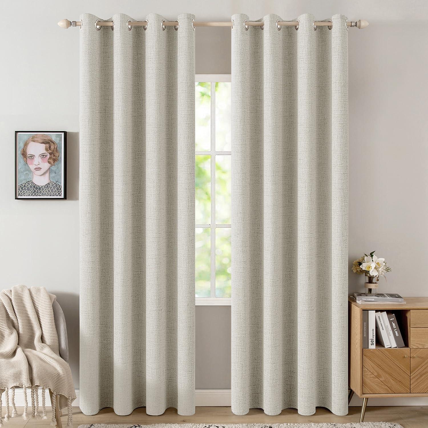 MIULEE 100% Blackout Linen Textured Curtains for Bedroom Solid Thermal Insulated Natural Beige Grommet Room Darkening Curtains & Drapes Luxury Decor for Living Room Nursery 52 x 96 Inch (2 Panels)