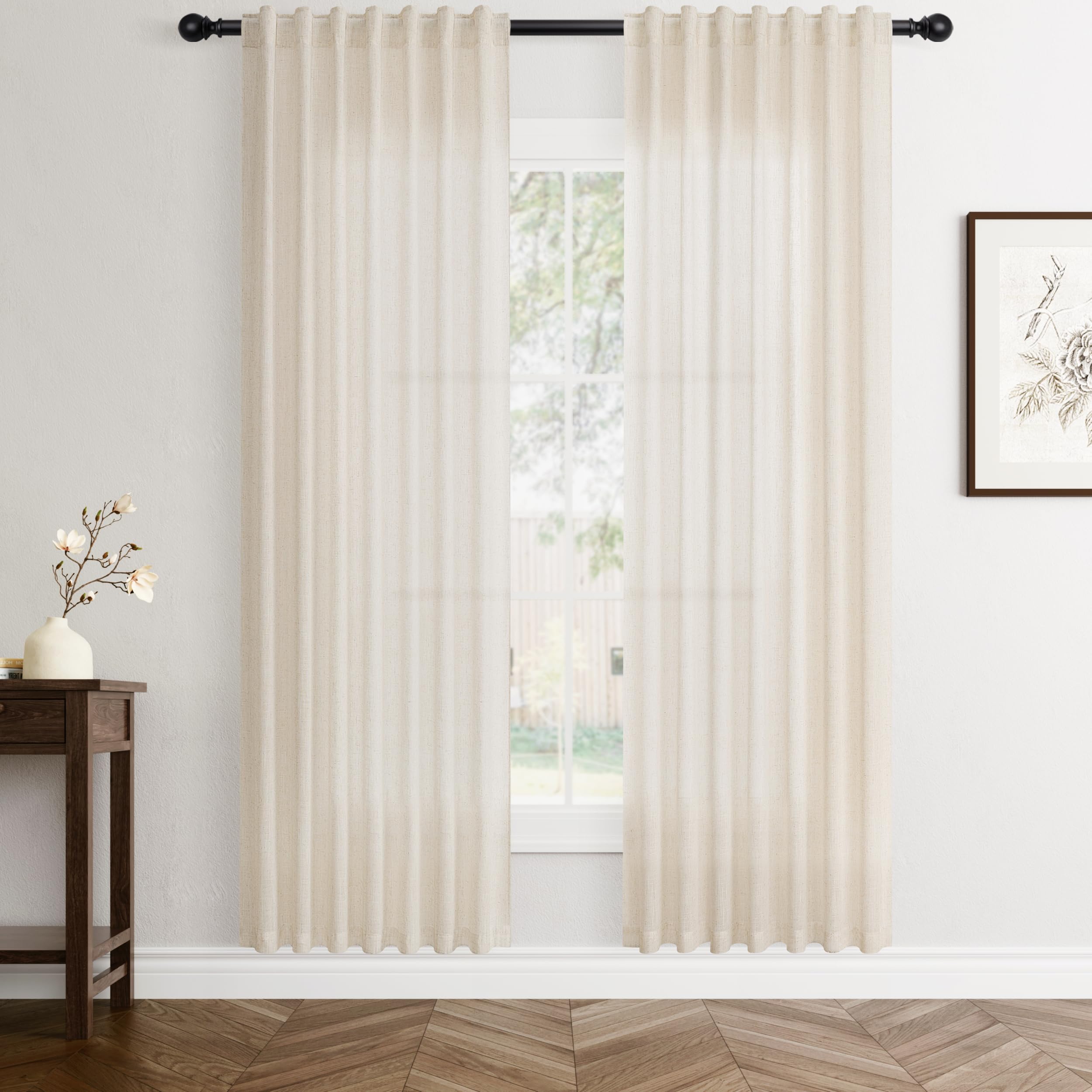 Flax Linen Beige Curtains 96 inches Long 2 Panel for Living Room Back Tab Pocket Drapes Semi Sheer Privacy Khaki Window Curtain Country Rustic Farmhouse Cloth Curtain for Dinning Room Tan