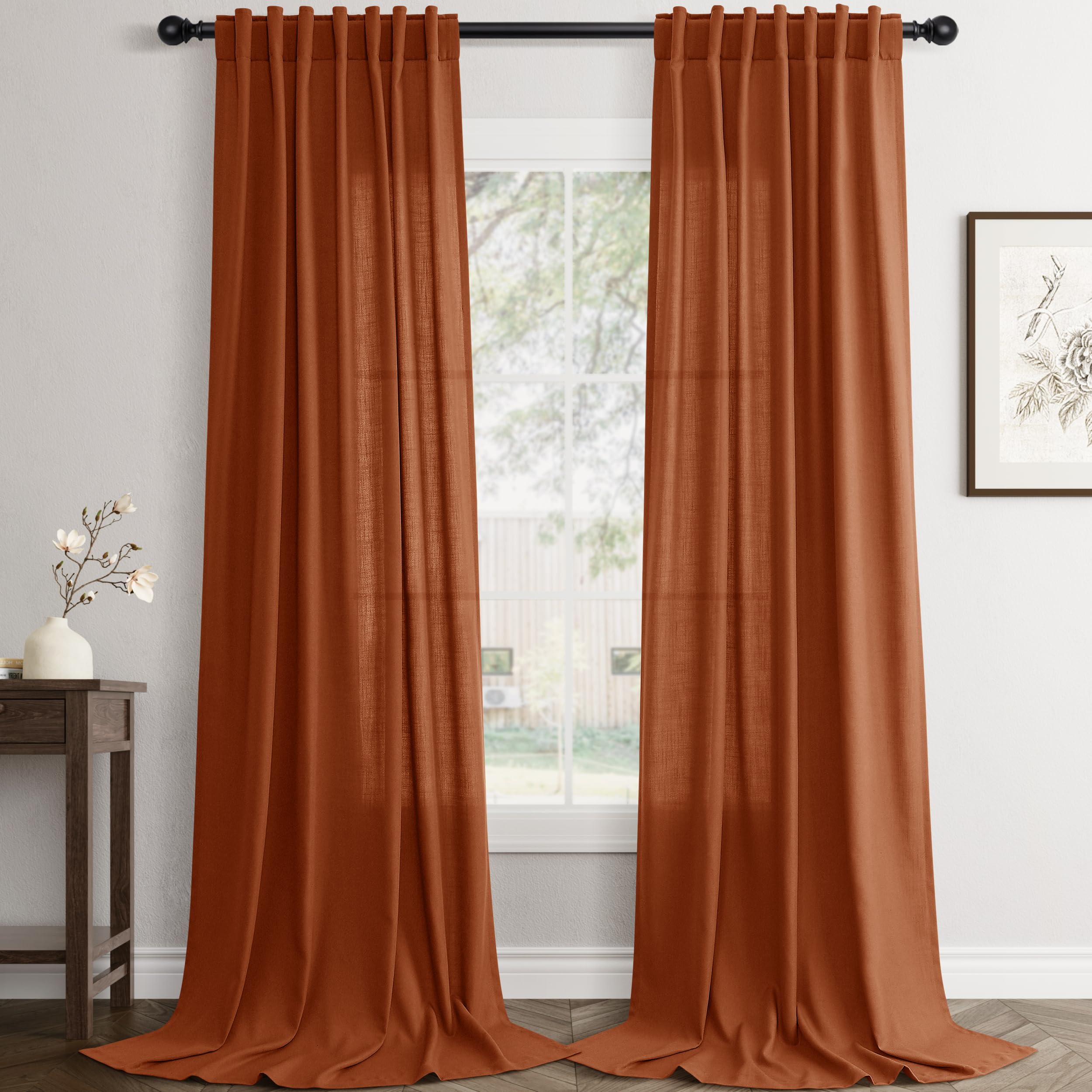 Flax Linen Beige Curtains 96 inches Long 2 Panel for Living Room Back Tab Pocket Drapes Semi Sheer Privacy Khaki Window Curtain Country Rustic Farmhouse Cloth Curtain for Dinning Room Tan