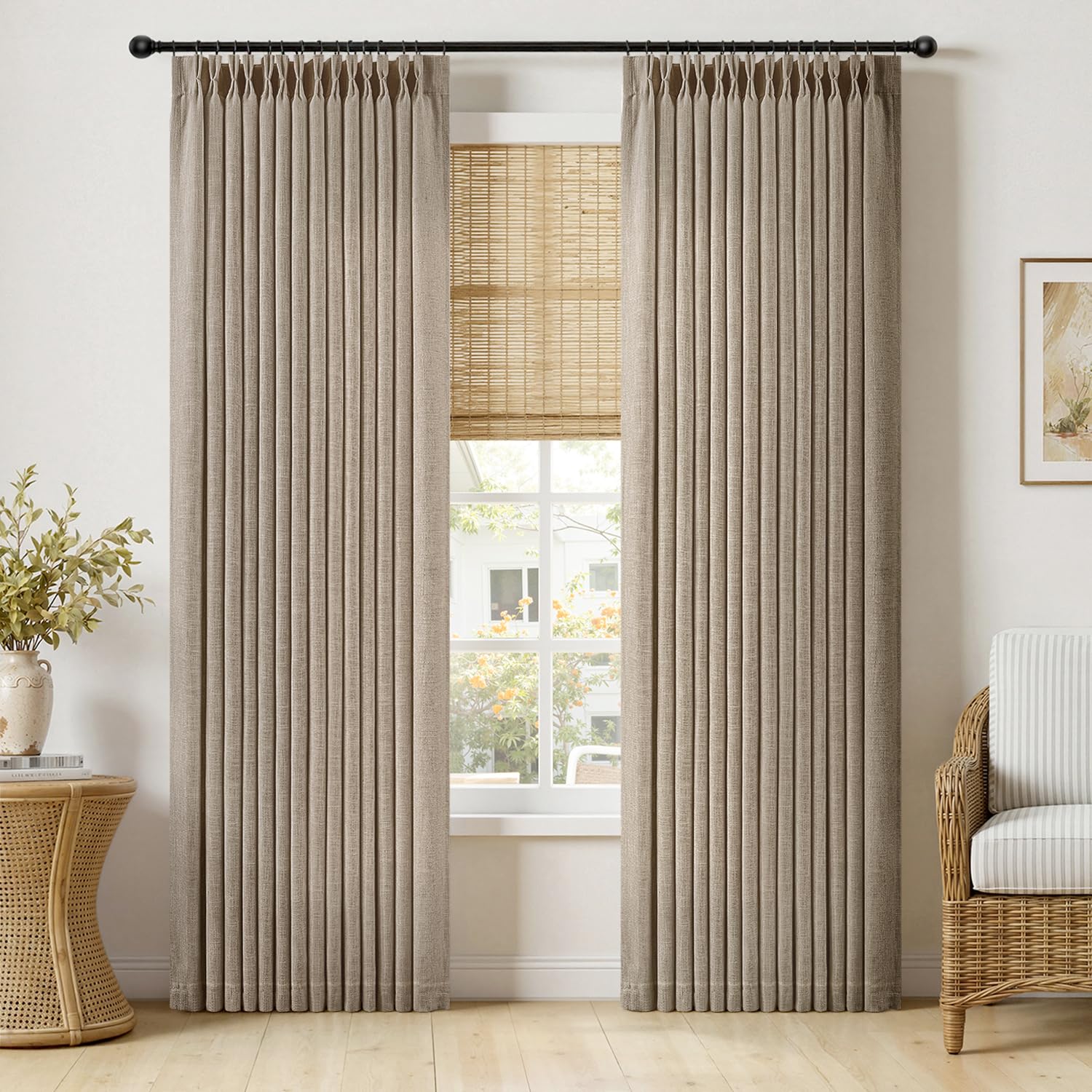 MIULEE Pinch Pleated Thick Linen Curtains 96 Inches Long 2 Panels for Living Room Bedroom, Memory Trained Pleat Drapes Light Filtering Natural Birch Semi Sheer Window Curtains Hooks Rings Back Tab