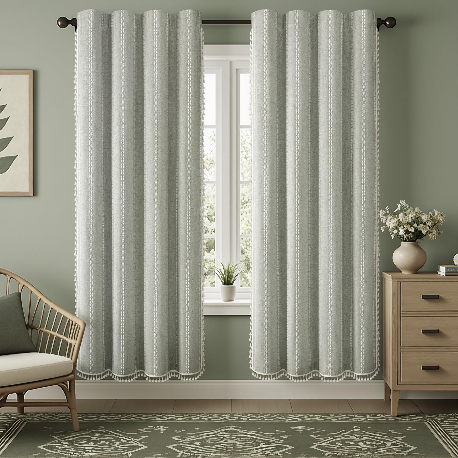 Boho Blackout Curtains 2 Panels 84 Inch for Living Room Bedroom, Beige Linen Texture Farmhouse Curtains with Tassels and Cotton Embroidery Vintage Rustic Western Rod Pocket