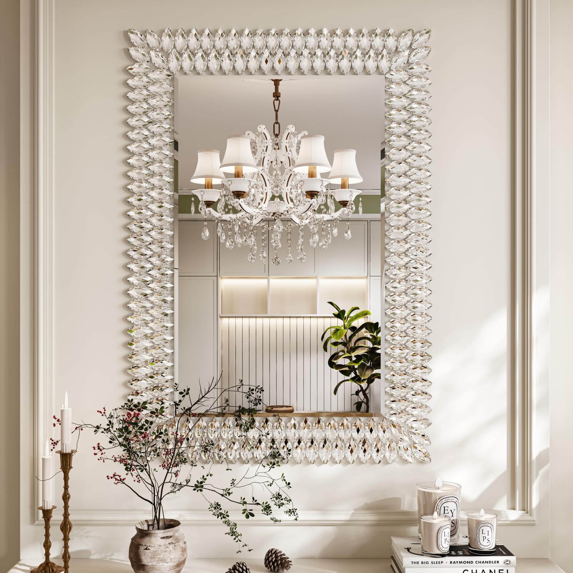 Kelly Miller Round Jeweled Mirror for Wall Decor, 26 in Modern Decorative Wall Mirror with Luxury Diamonds Beveled Vanity Mirror for Bedroom Dresser, Living Room Table, Bathroom, Hallway, Entryway