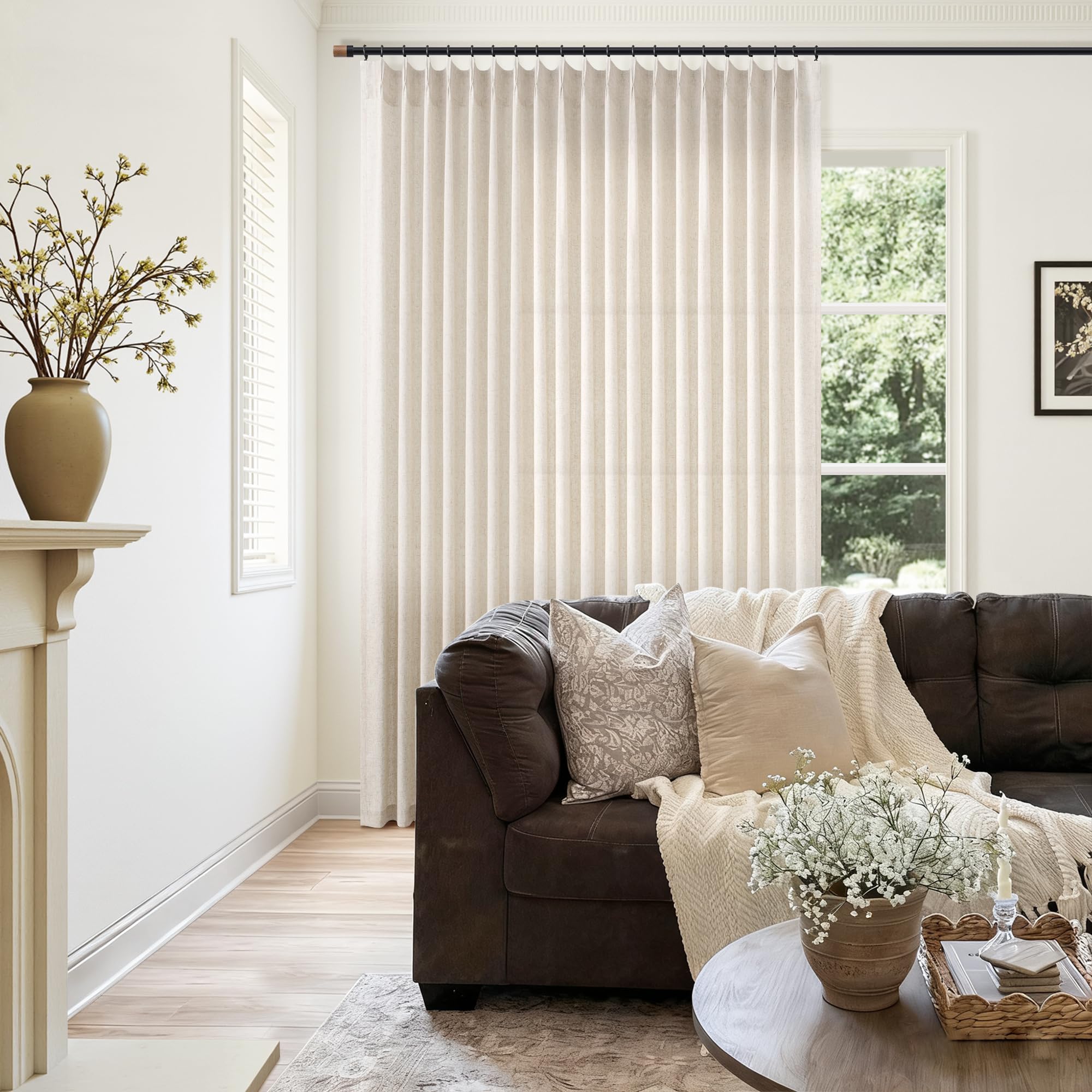 Extra Long Linen Curtains 108 Inch for Living Room Cream Pinch Pleated 9 FT Drapes Semi Sheer Ceiling to Floor Curtain for Bedroom Back Tab Flax Neutral Boho Decor Window, Natural Beige Ivory 2 Panels