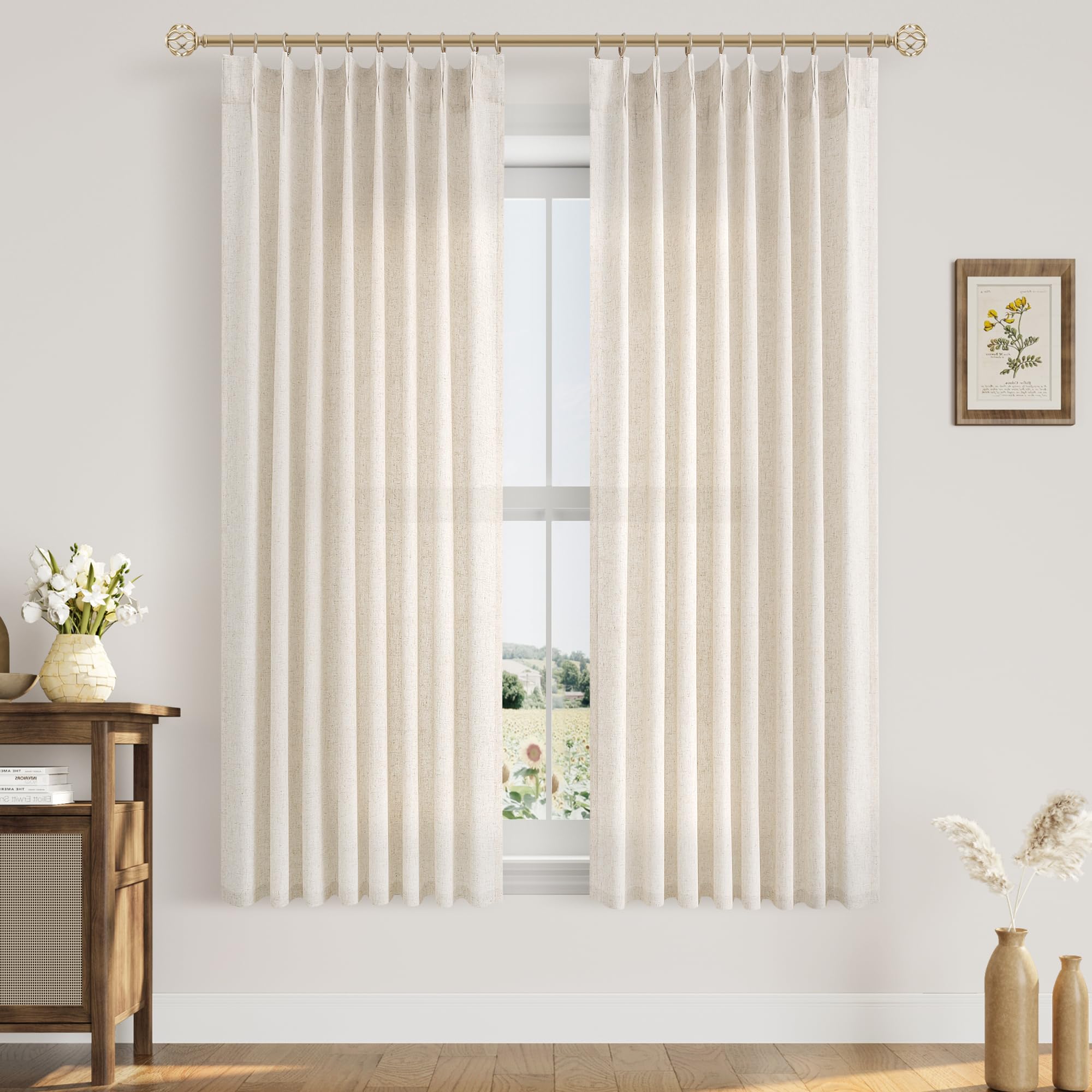 Extra Long Linen Curtains 108 Inch for Living Room Cream Pinch Pleated 9 FT Drapes Semi Sheer Ceiling to Floor Curtain for Bedroom Back Tab Flax Neutral Boho Decor Window, Natural Beige Ivory 2 Panels
