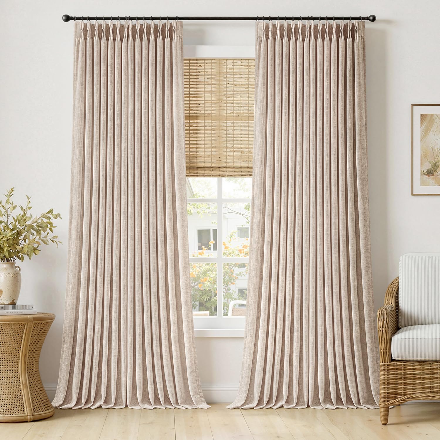 MIULEE Pinch Pleated Thick Linen Curtains 96 Inches Long 2 Panels for Living Room Bedroom, Memory Trained Pleat Drapes Light Filtering Natural Birch Semi Sheer Window Curtains Hooks Rings Back Tab