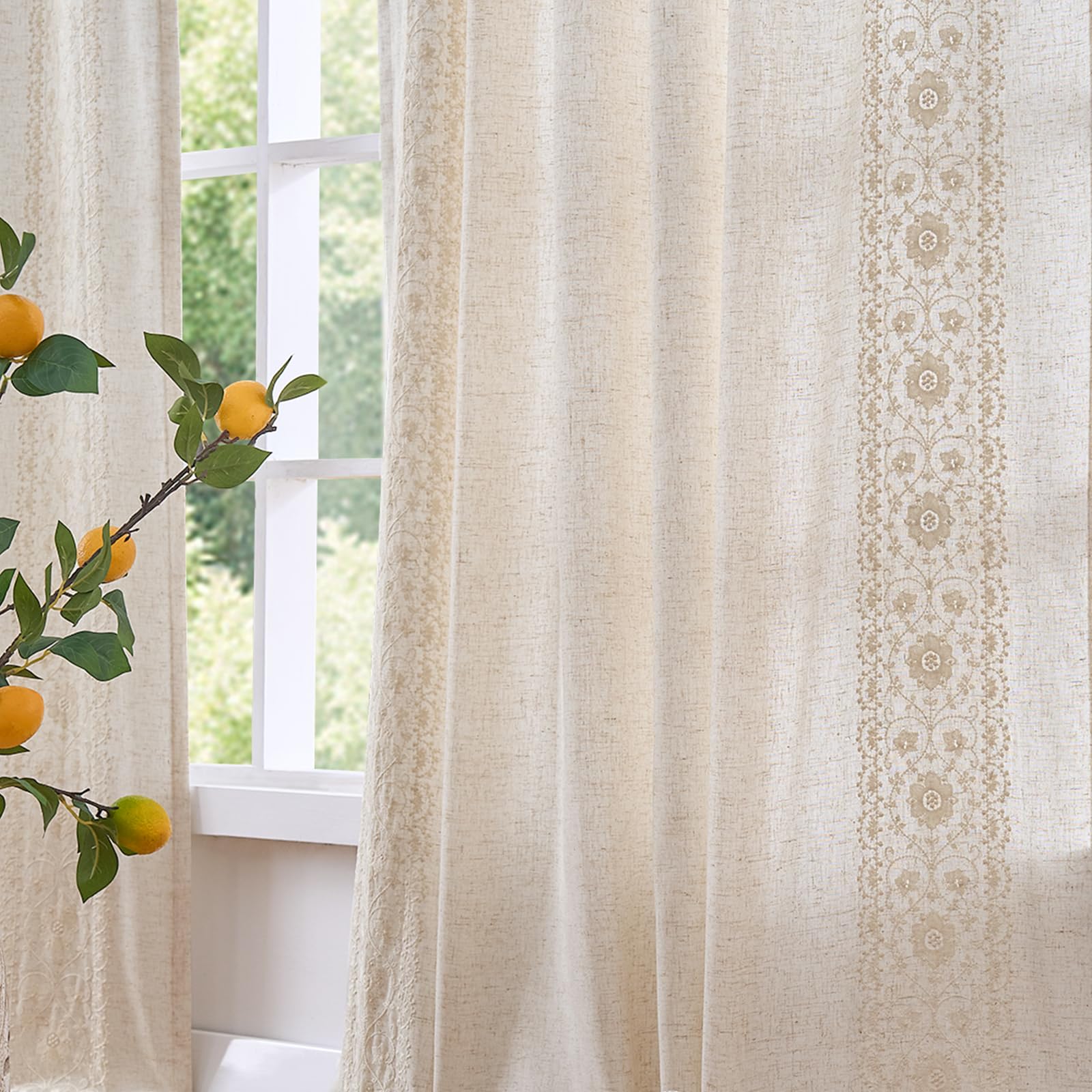 jinchan Weslie Boho Curtains for Bedroom Ivory Vintage Floral Farmhouse Curtains 84 Inches Long Linen Drapes for Living Room Embroidered Light Filtering Drapes Rod Pocket Ivory on Beige 2 Panels