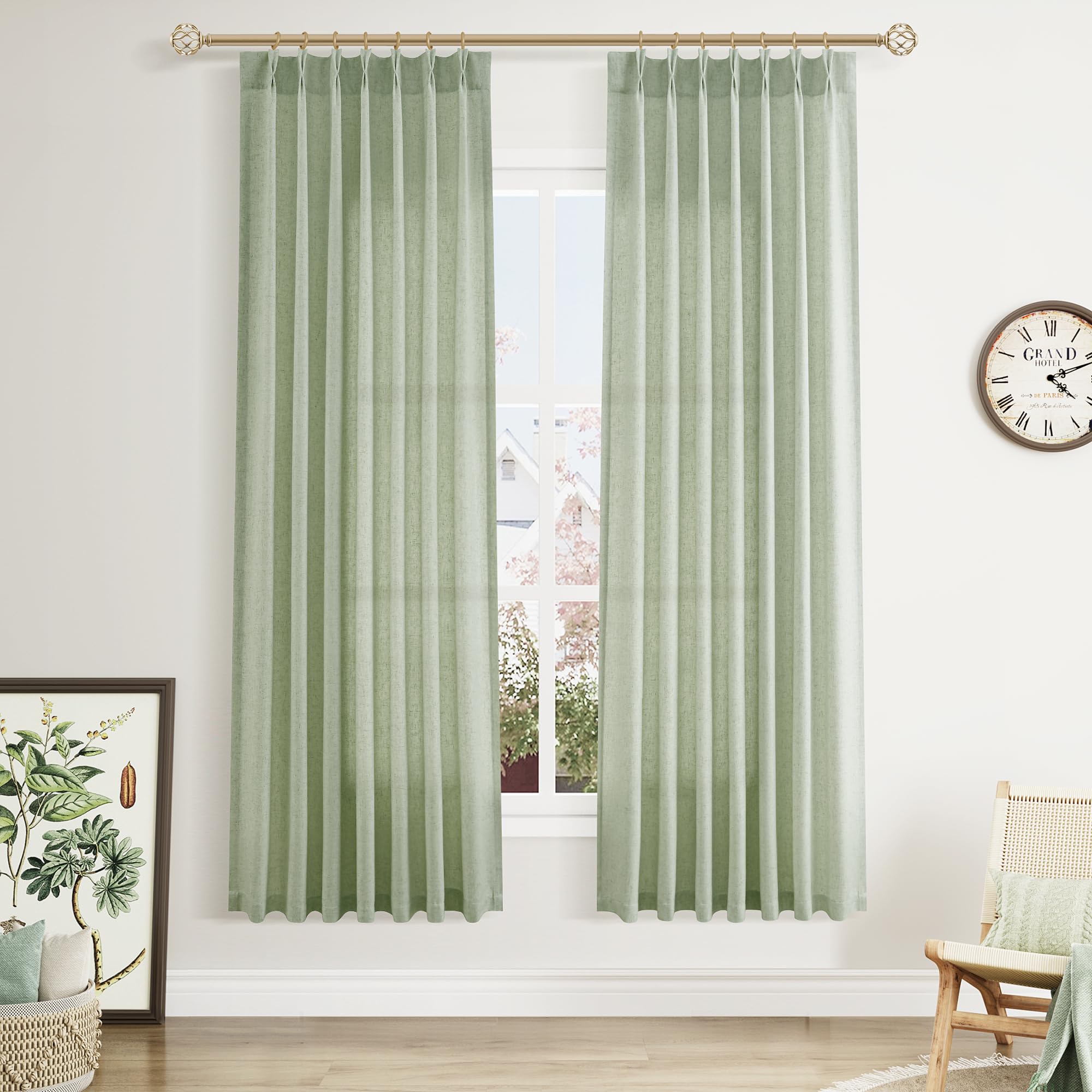 Extra Long Linen Curtains 108 Inch for Living Room Cream Pinch Pleated 9 FT Drapes Semi Sheer Ceiling to Floor Curtain for Bedroom Back Tab Flax Neutral Boho Decor Window, Natural Beige Ivory 2 Panels
