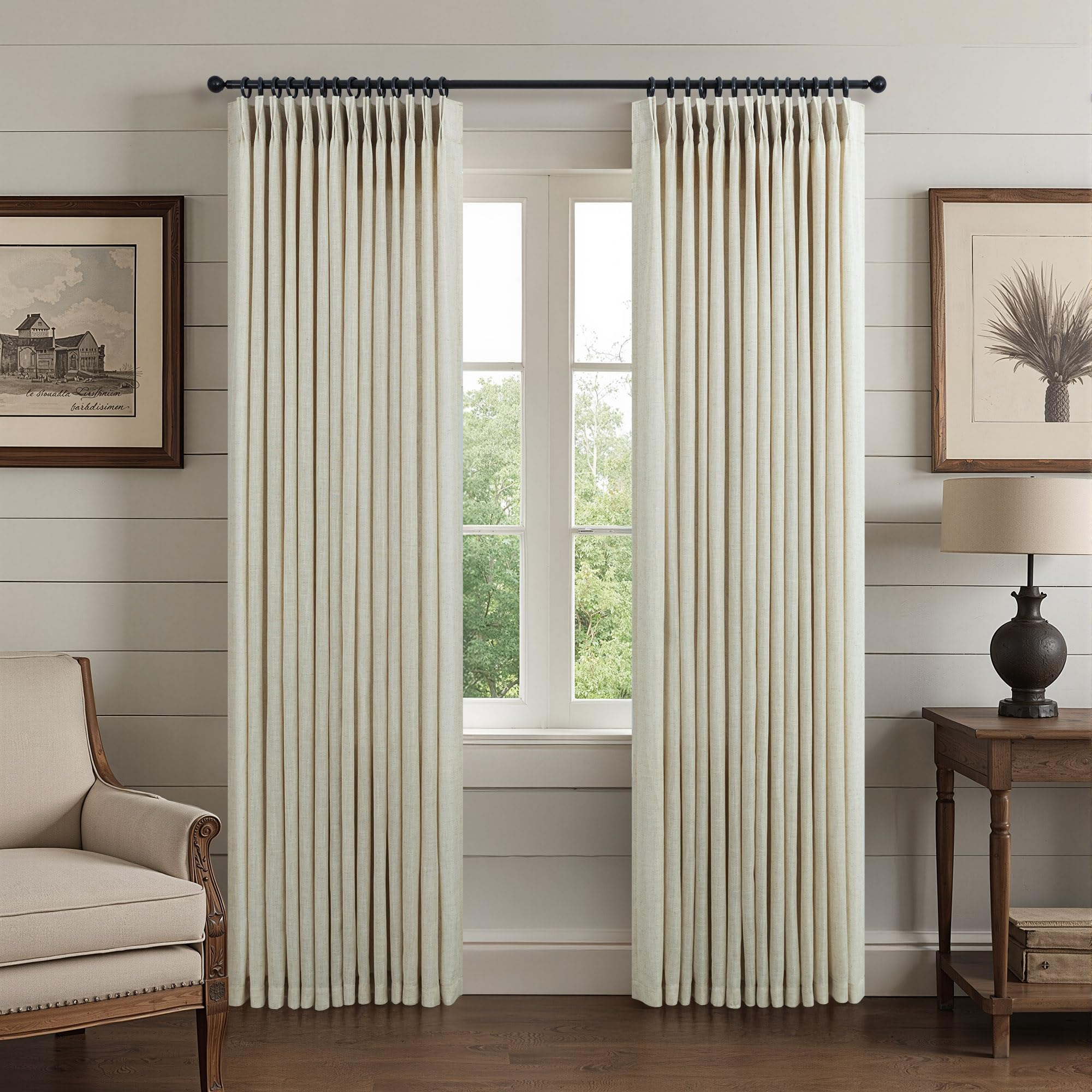 Natural Pinch Pleated Linen Cream Curtains 84 Inch Length 2 Panels for Living Room Bedroom Ivory Semi Sheer Light Filtering Modern Farmhouse Boho Neutral Rustic Long Drapes Back Tab Pleat Hooks Rings