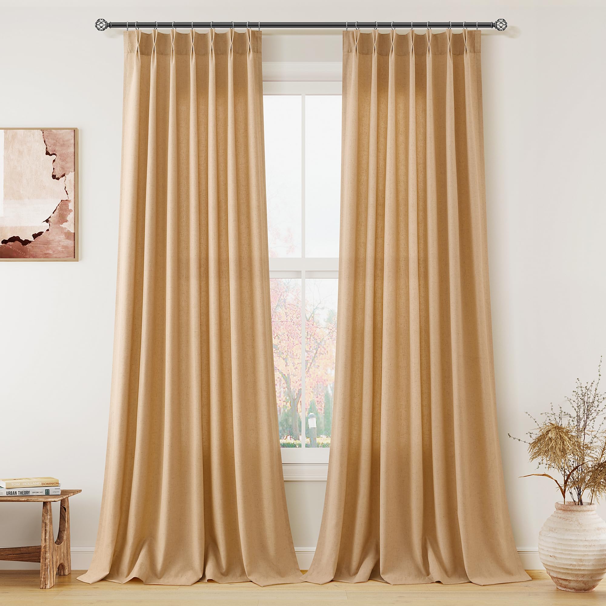 Extra Long Linen Curtains 108 Inch for Living Room Cream Pinch Pleated 9 FT Drapes Semi Sheer Ceiling to Floor Curtain for Bedroom Back Tab Flax Neutral Boho Decor Window, Natural Beige Ivory 2 Panels