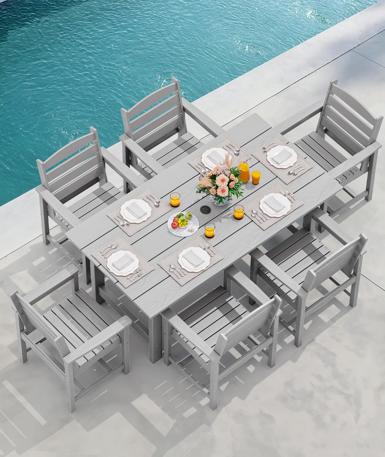 SERWALL 7-Piece Patio Dining Table Sets, Outdoor HDPE Dining Furniture Set with Umbrella Hole Cut-Out Table and 6 Chairs, Blue