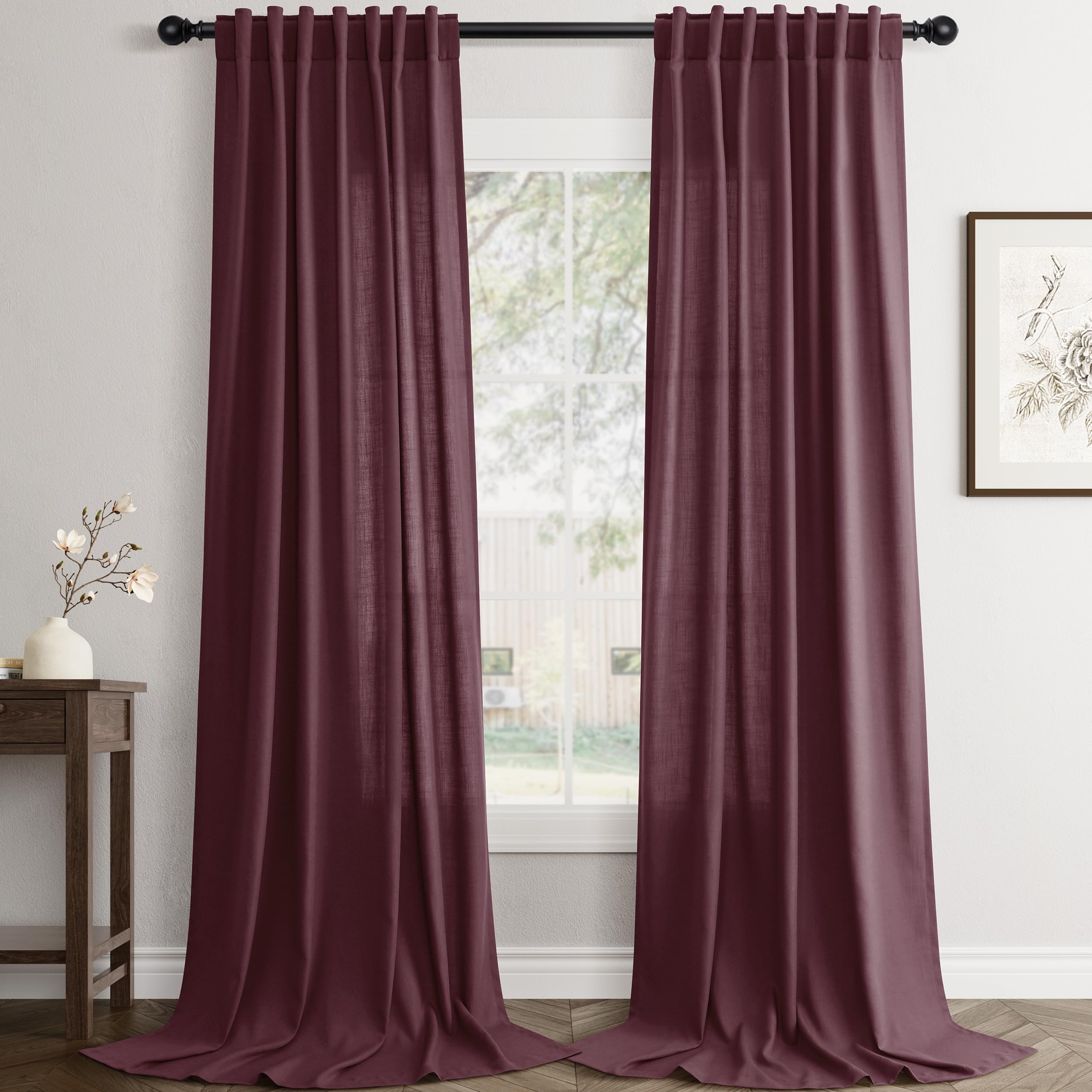 Flax Linen Beige Curtains 96 inches Long 2 Panel for Living Room Back Tab Pocket Drapes Semi Sheer Privacy Khaki Window Curtain Country Rustic Farmhouse Cloth Curtain for Dinning Room Tan