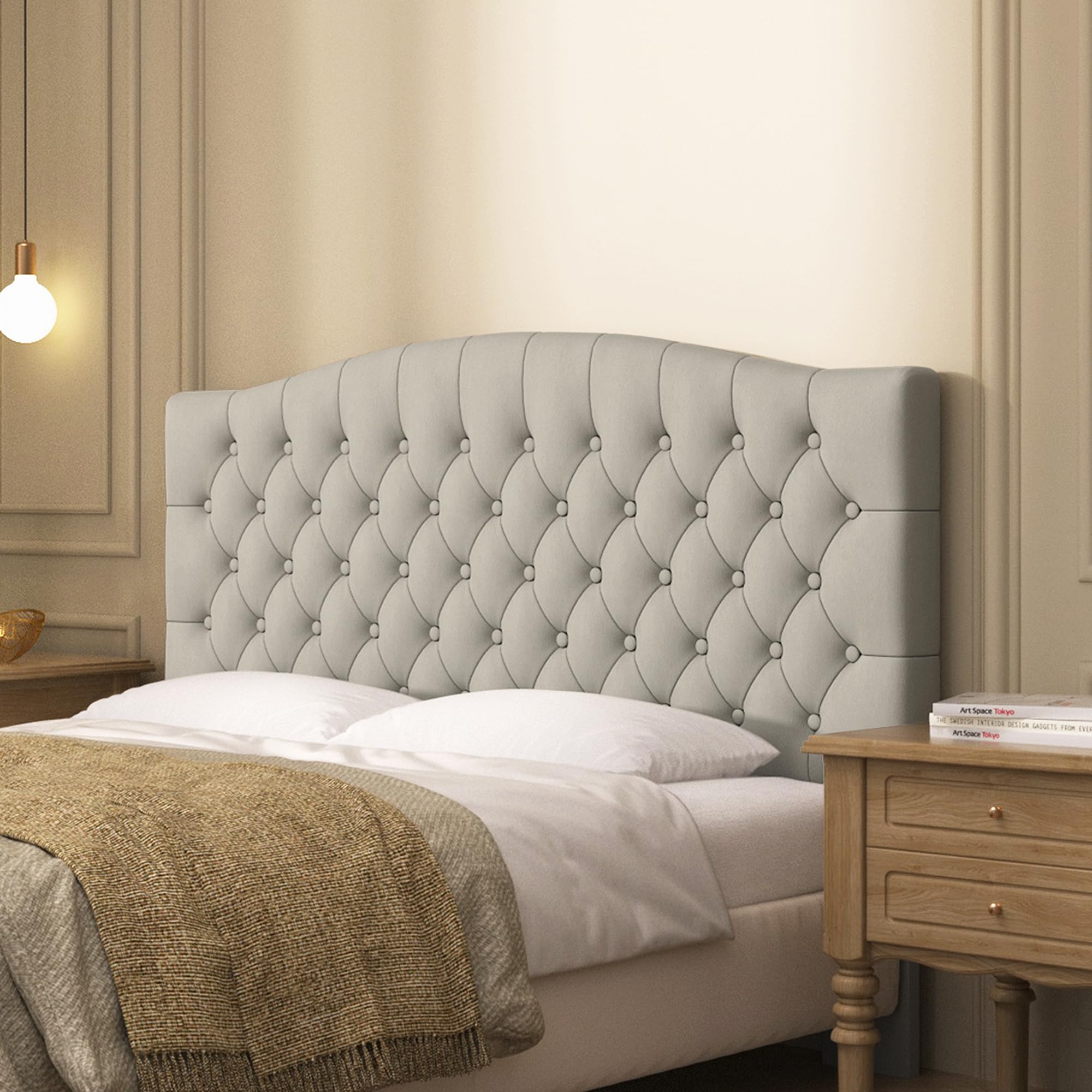 Furpopup Linen Upholstered Headboard Queen/Full Size Bed Tufted Button Headboard, Featuring High-Density Sponge Padding, Luxury Texture Easy Assembly Comfort and Style-Ivory