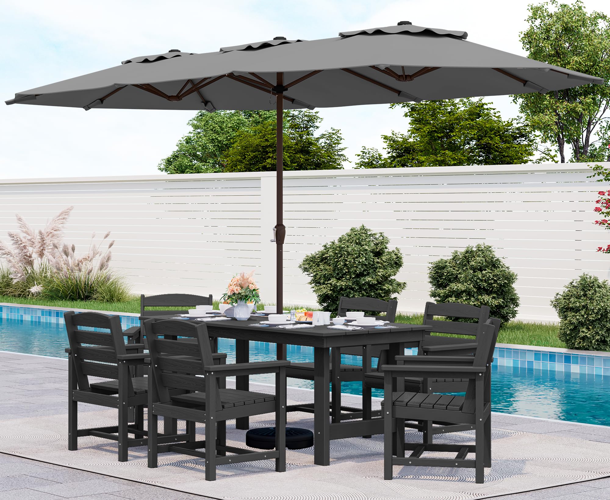 SERWALL 7-Piece Patio Dining Table Sets, Outdoor HDPE Dining Furniture Set with Umbrella Hole Cut-Out Table and 6 Chairs, Blue