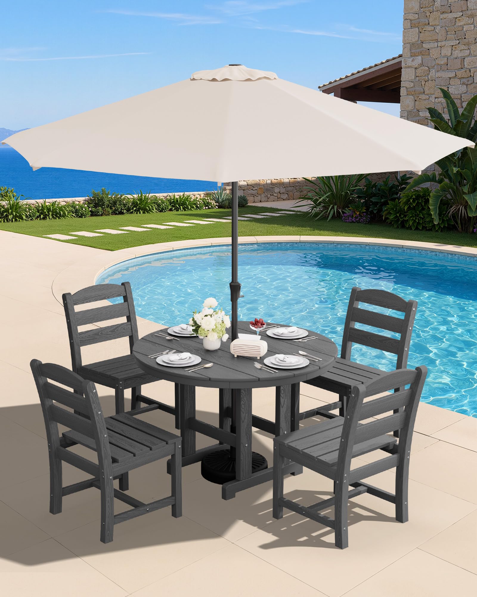 SERWALL 5-Piece Patio Dining Sets, HDPE Outdoor Table and Chairs Furniture Set, 45" Round Dining Table and 4 Dining Chairs, Gray