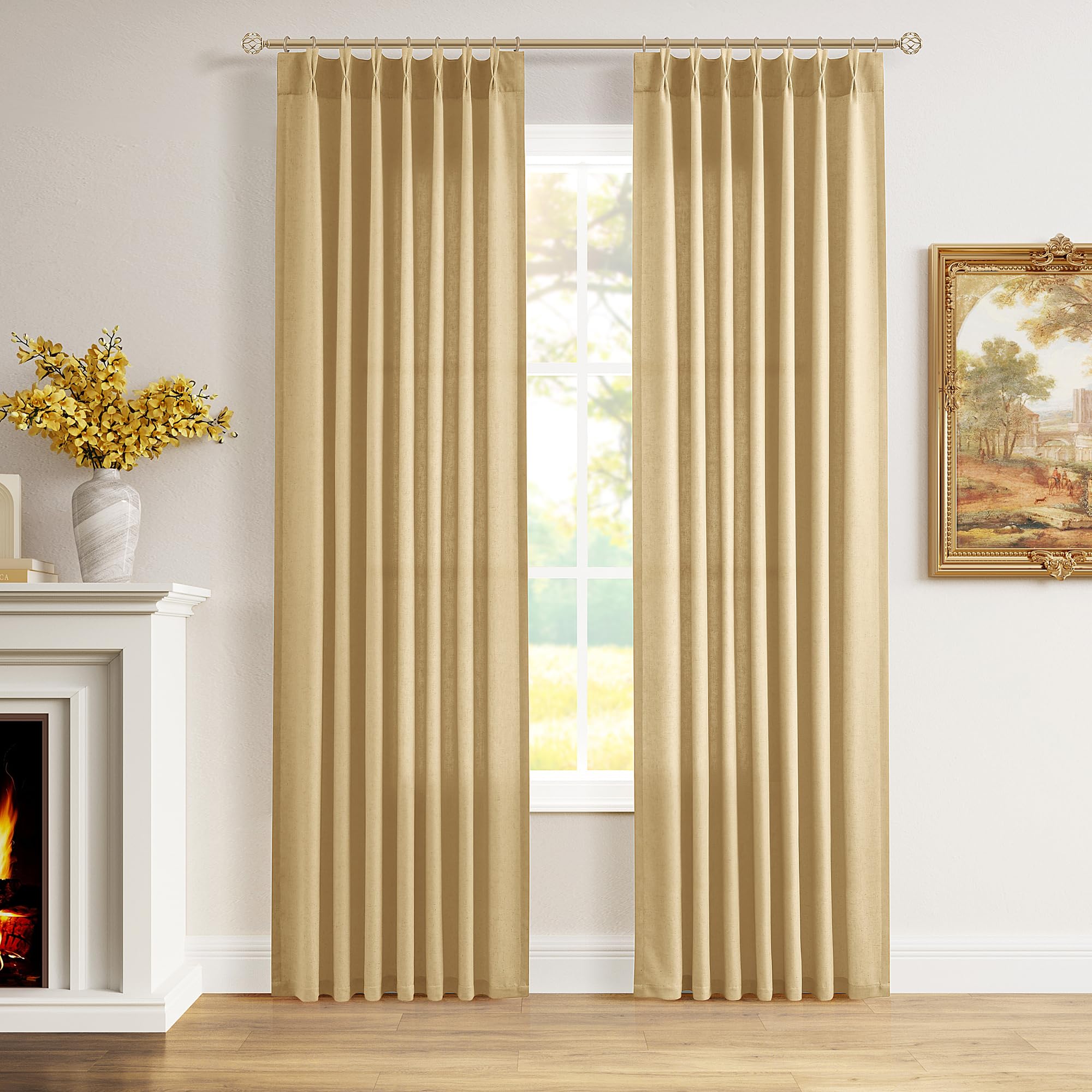 Extra Long Linen Curtains 108 Inch for Living Room Cream Pinch Pleated 9 FT Drapes Semi Sheer Ceiling to Floor Curtain for Bedroom Back Tab Flax Neutral Boho Decor Window, Natural Beige Ivory 2 Panels