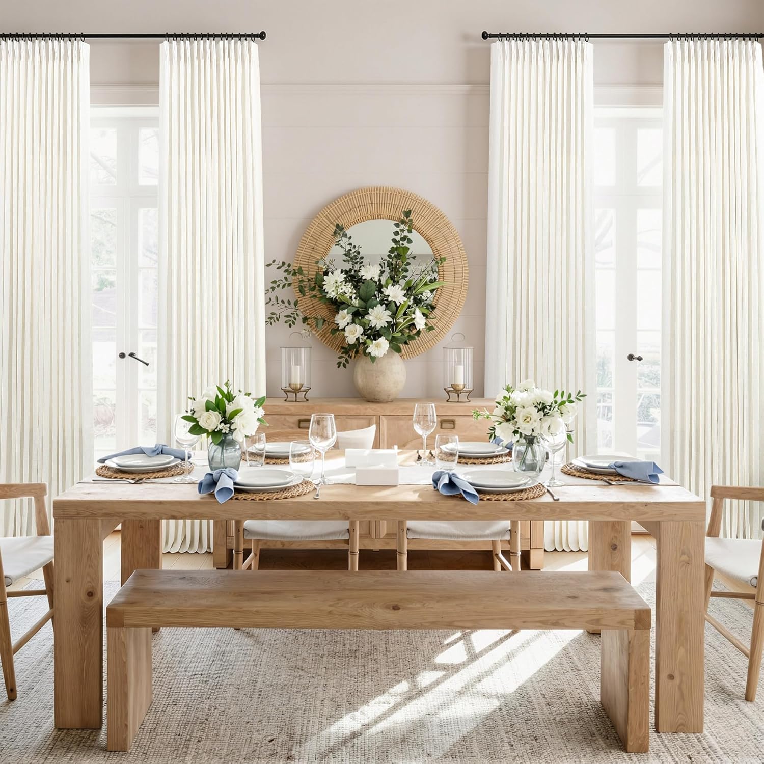 Natural Pinch Pleated Linen Cream Curtains 84 Inch Length 2 Panels for Living Room Bedroom Ivory Semi Sheer Light Filtering Modern Farmhouse Boho Neutral Rustic Long Drapes Back Tab Pleat Hooks Rings