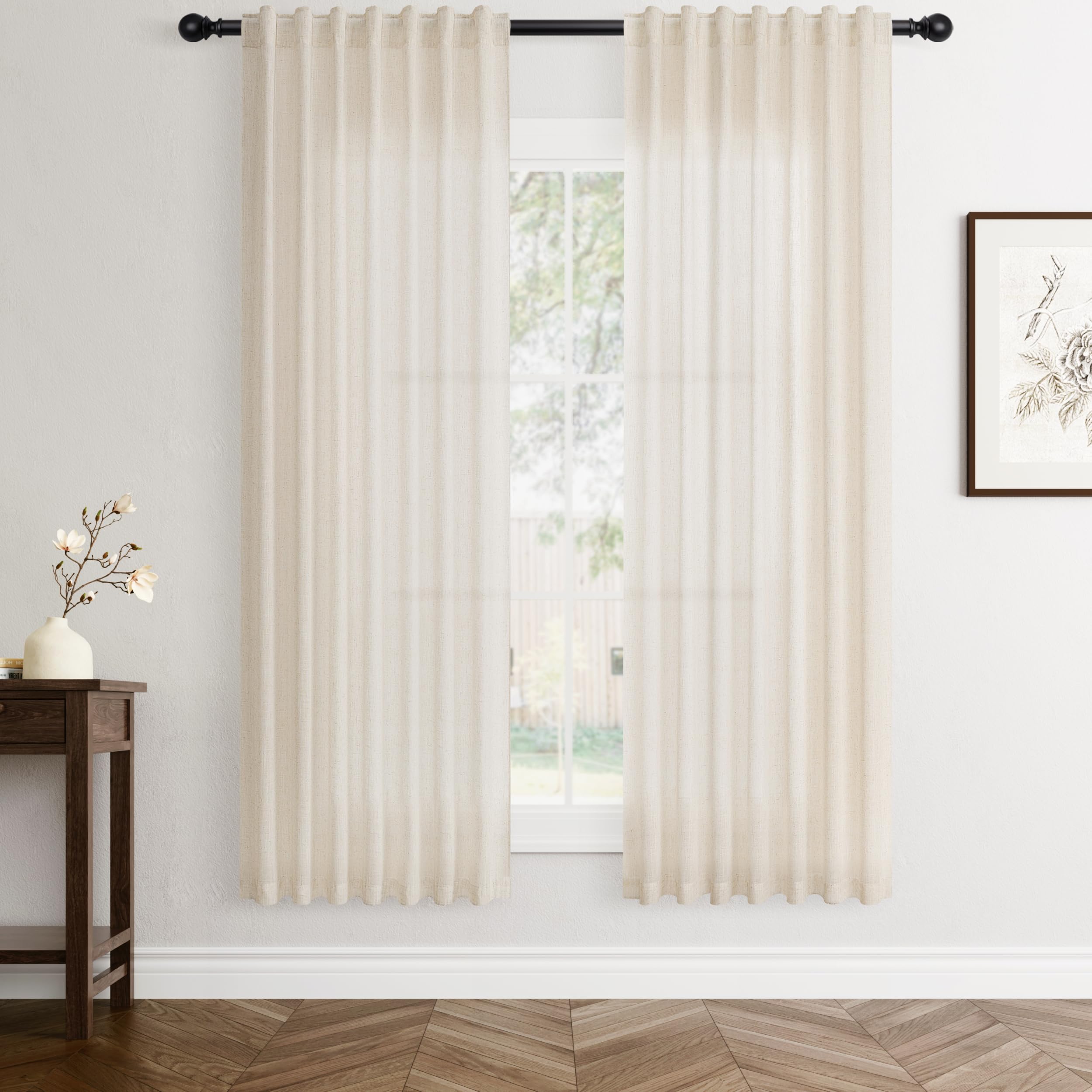 Flax Linen Beige Curtains 96 inches Long 2 Panel for Living Room Back Tab Pocket Drapes Semi Sheer Privacy Khaki Window Curtain Country Rustic Farmhouse Cloth Curtain for Dinning Room Tan