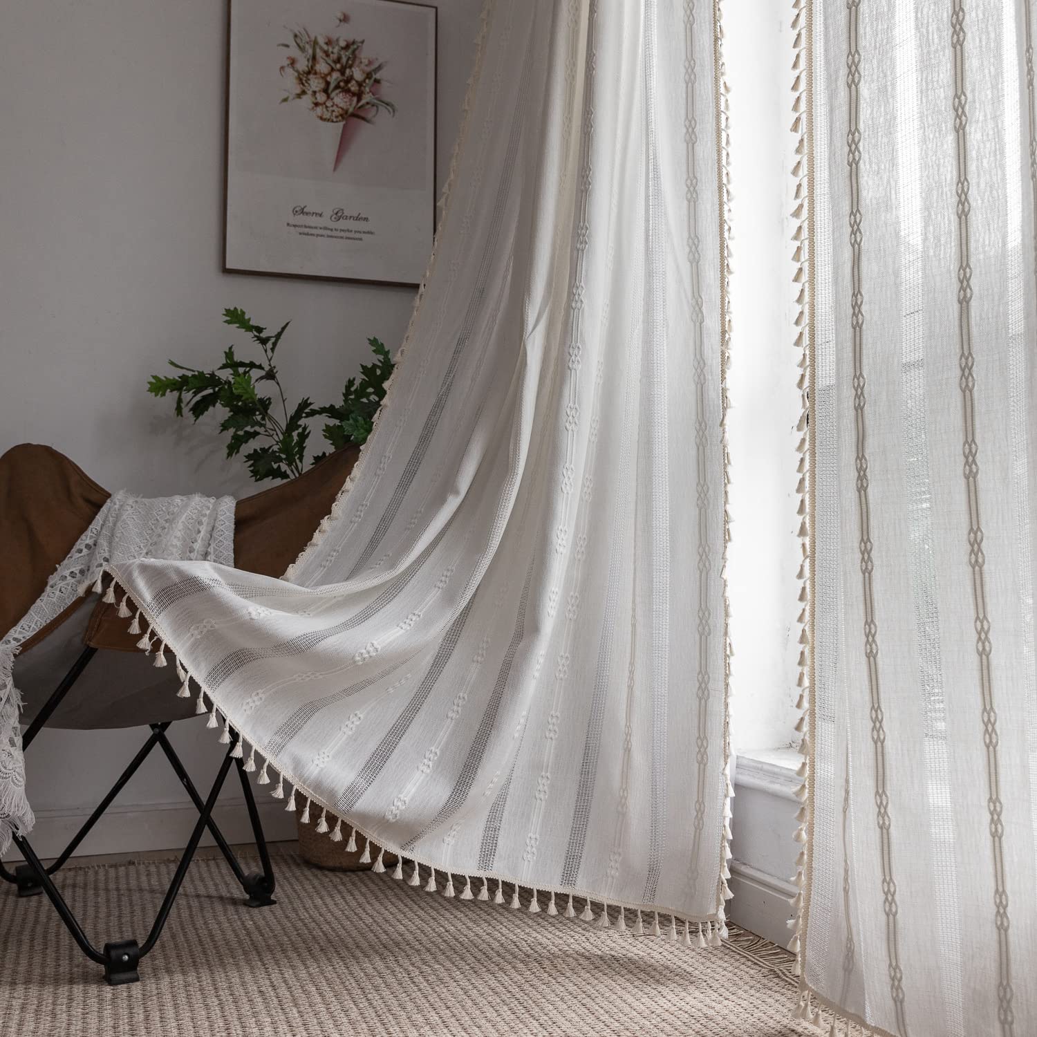 Boho Curtains Semi-Blackout 84 Inch 2 Panels for Living Room, Linen Tassels Farmhouse Curtains with Embroidery for Bedroom Rod Pocket Draperies 52" W x 84" L, Off White
