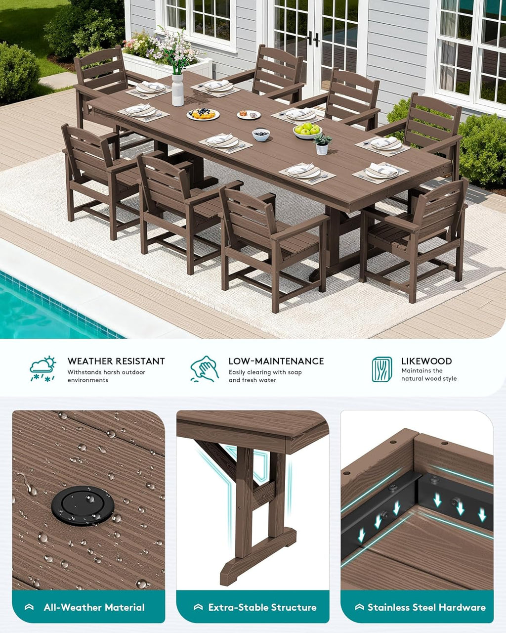 SERWALL 9 Piece Outdoor Dining Set, 84" HDPE Large Patio Dining Furniture Set for 8, with Pre-drilled Umbrella Hole, Outdoor Tables and Chairs Set for Garden, Brown