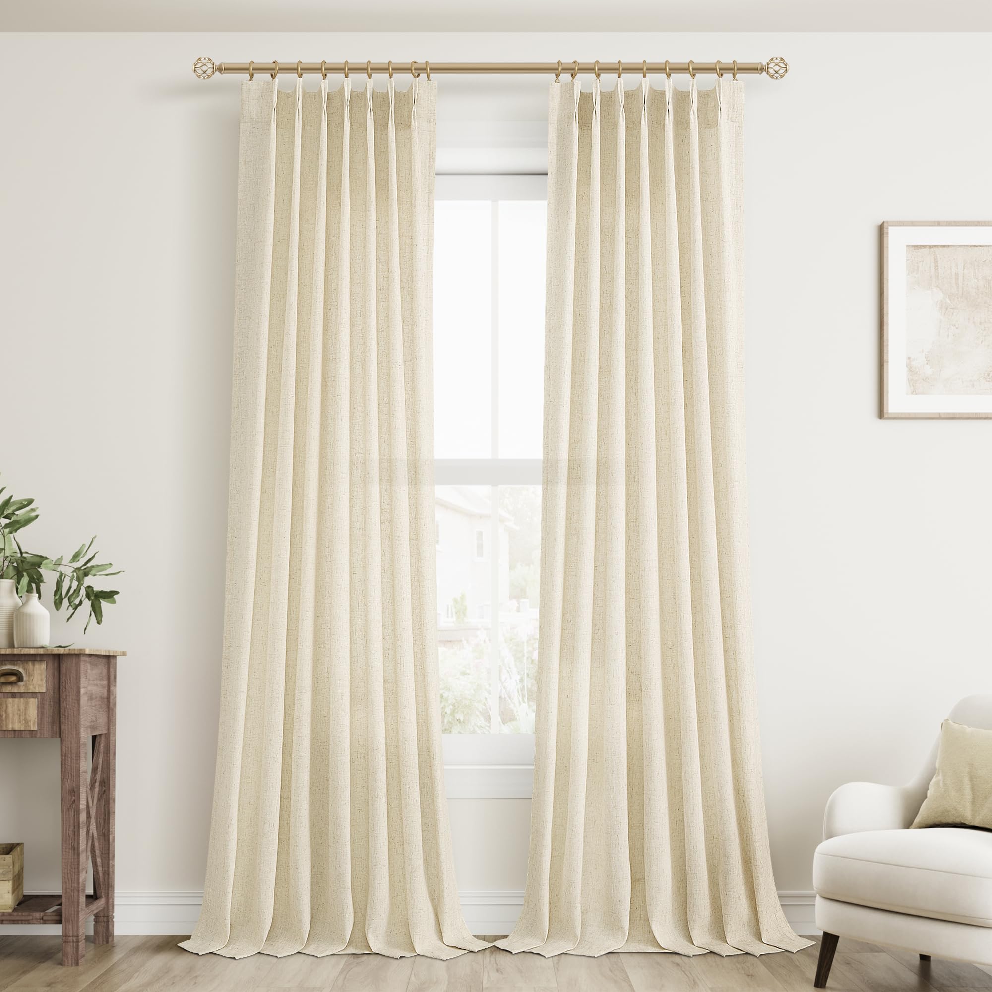 Extra Long Linen Curtains 108 Inch for Living Room Cream Pinch Pleated 9 FT Drapes Semi Sheer Ceiling to Floor Curtain for Bedroom Back Tab Flax Neutral Boho Decor Window, Natural Beige Ivory 2 Panels