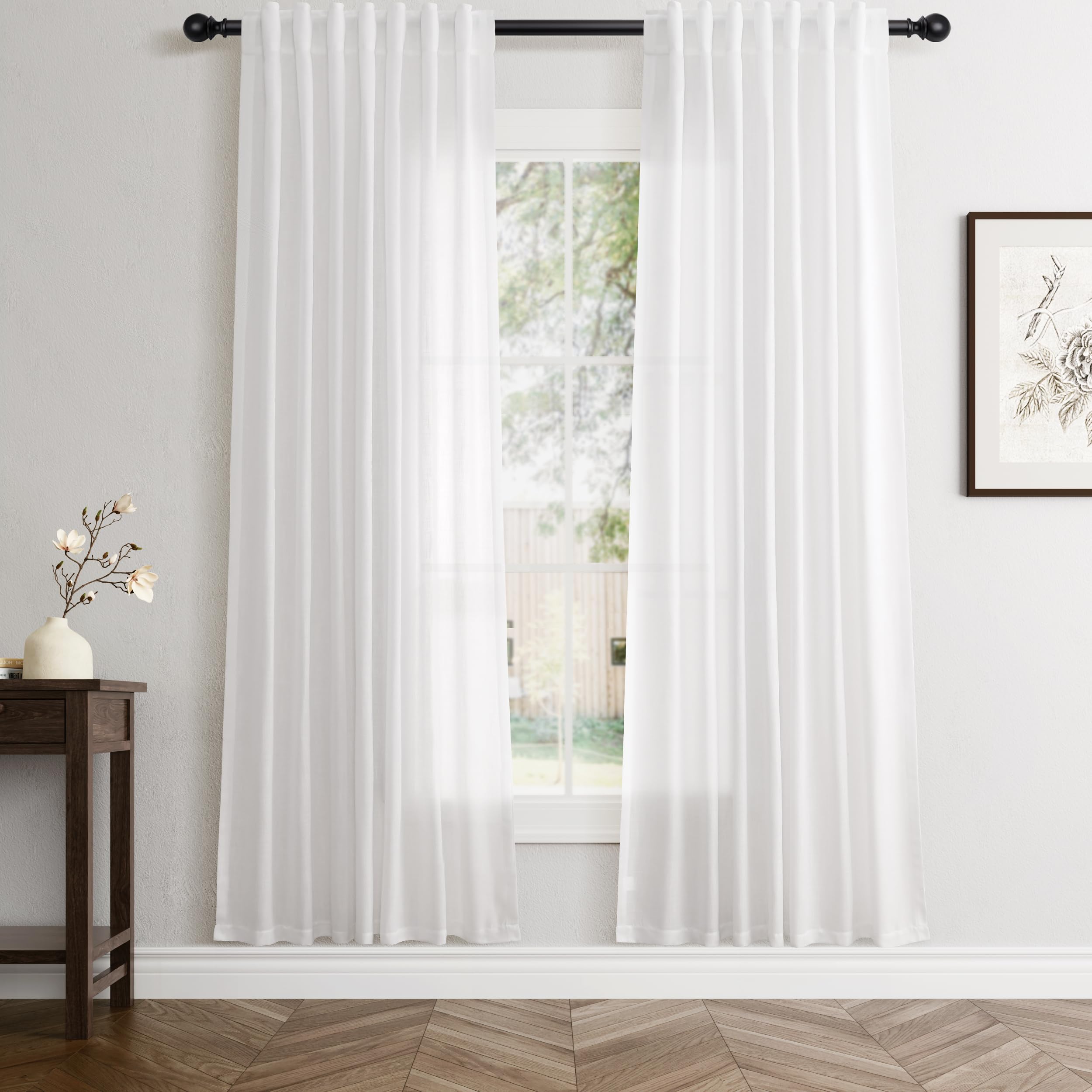 Flax Linen Beige Curtains 96 inches Long 2 Panel for Living Room Back Tab Pocket Drapes Semi Sheer Privacy Khaki Window Curtain Country Rustic Farmhouse Cloth Curtain for Dinning Room Tan