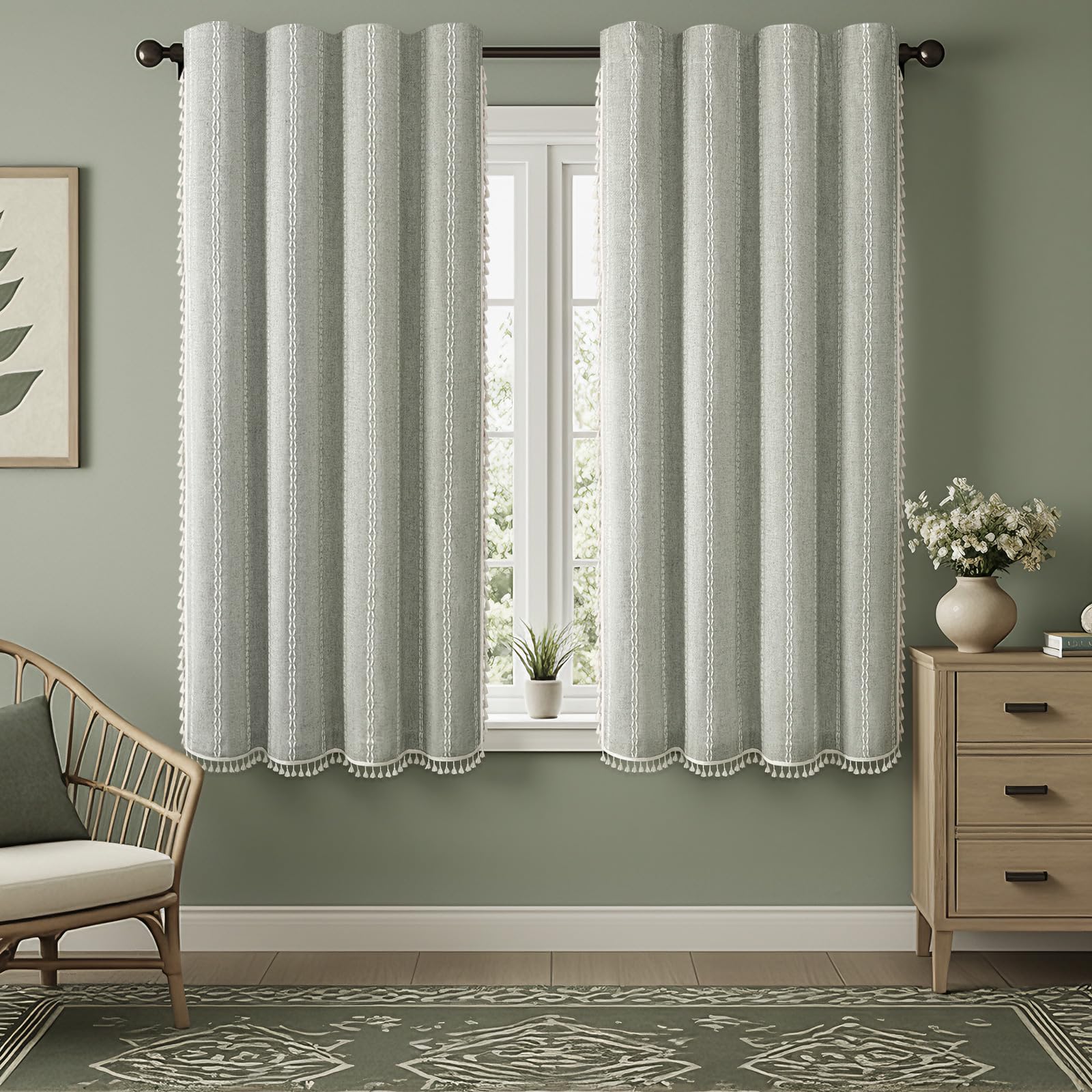 Boho Blackout Curtains 2 Panels 84 Inch for Living Room Bedroom, Beige Linen Texture Farmhouse Curtains with Tassels and Cotton Embroidery Vintage Rustic Western Rod Pocket