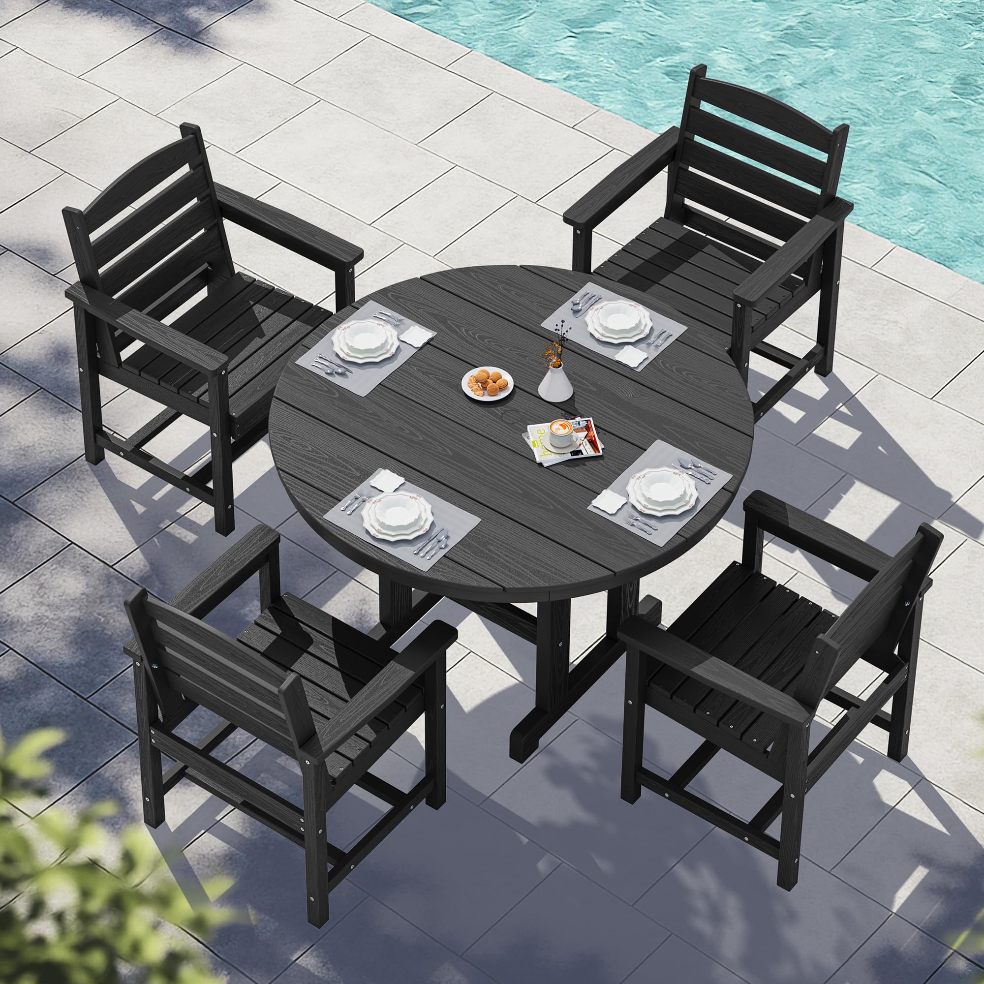 SERWALL 5-Piece Patio Dining Sets, HDPE Outdoor Table and Chairs Furniture Set, 45" Round Dining Table and 4 Dining Chairs, Gray