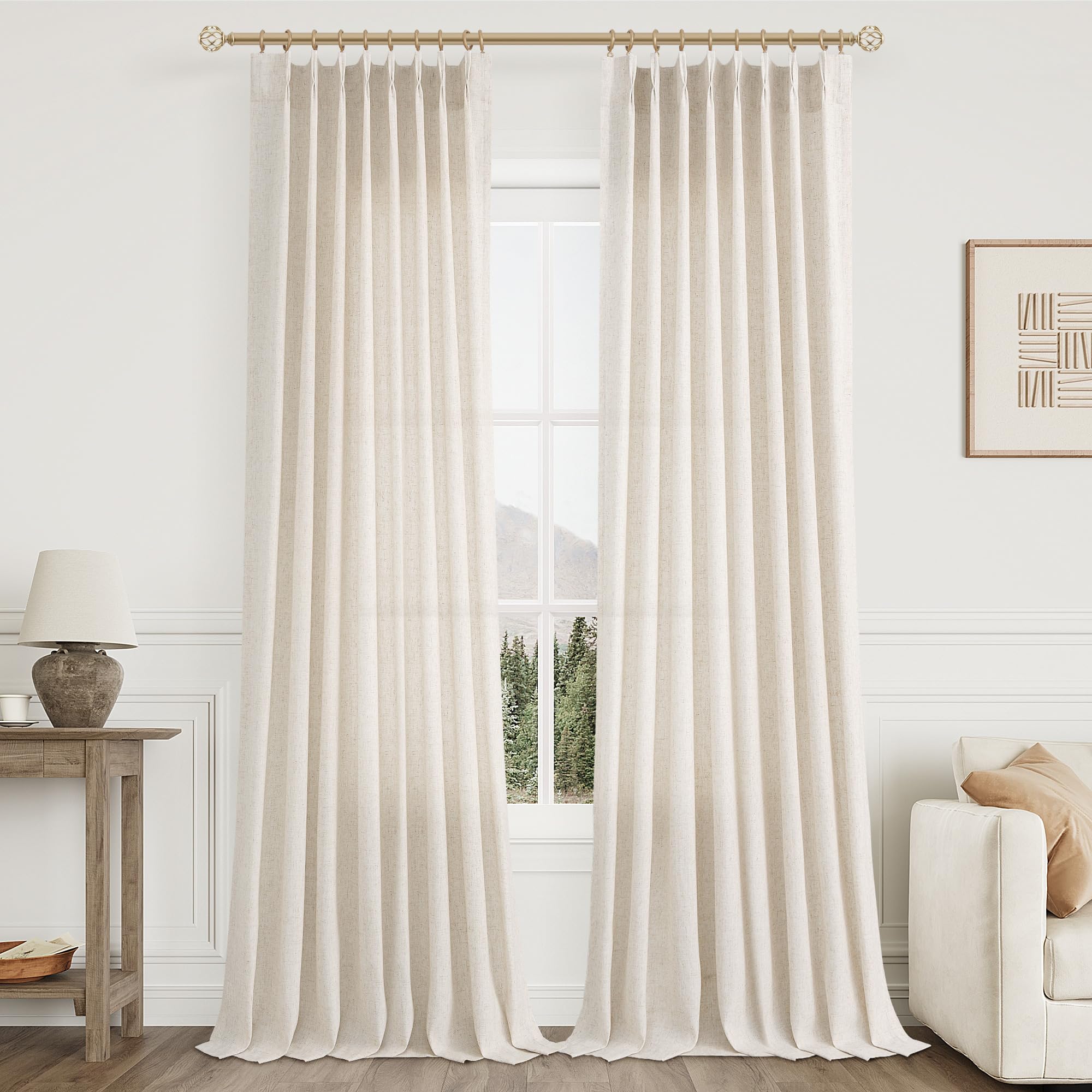 Extra Long Linen Curtains 108 Inch for Living Room Cream Pinch Pleated 9 FT Drapes Semi Sheer Ceiling to Floor Curtain for Bedroom Back Tab Flax Neutral Boho Decor Window, Natural Beige Ivory 2 Panels