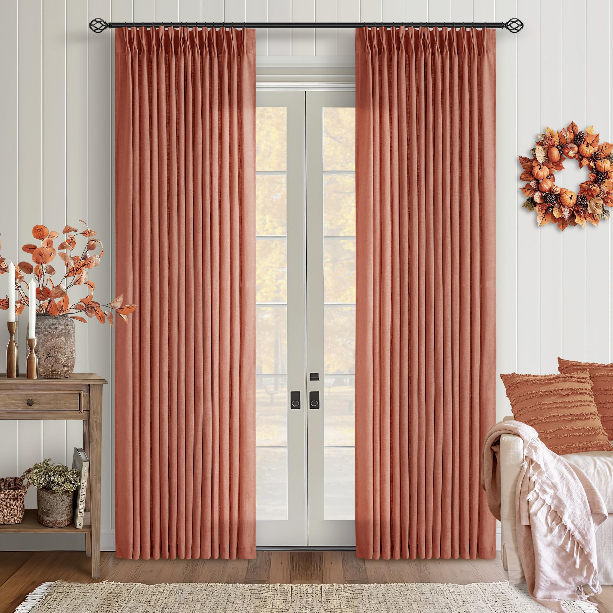 Pinch Pleated Linen Curtains 108 Inches Long for Living Room 2 Panels Set Cream Ivory Flax Double Pleated Drapes Back Tab Neutral Boho Ceiling Floor 108 Inch Window Curtains Bedroom Natural Birch