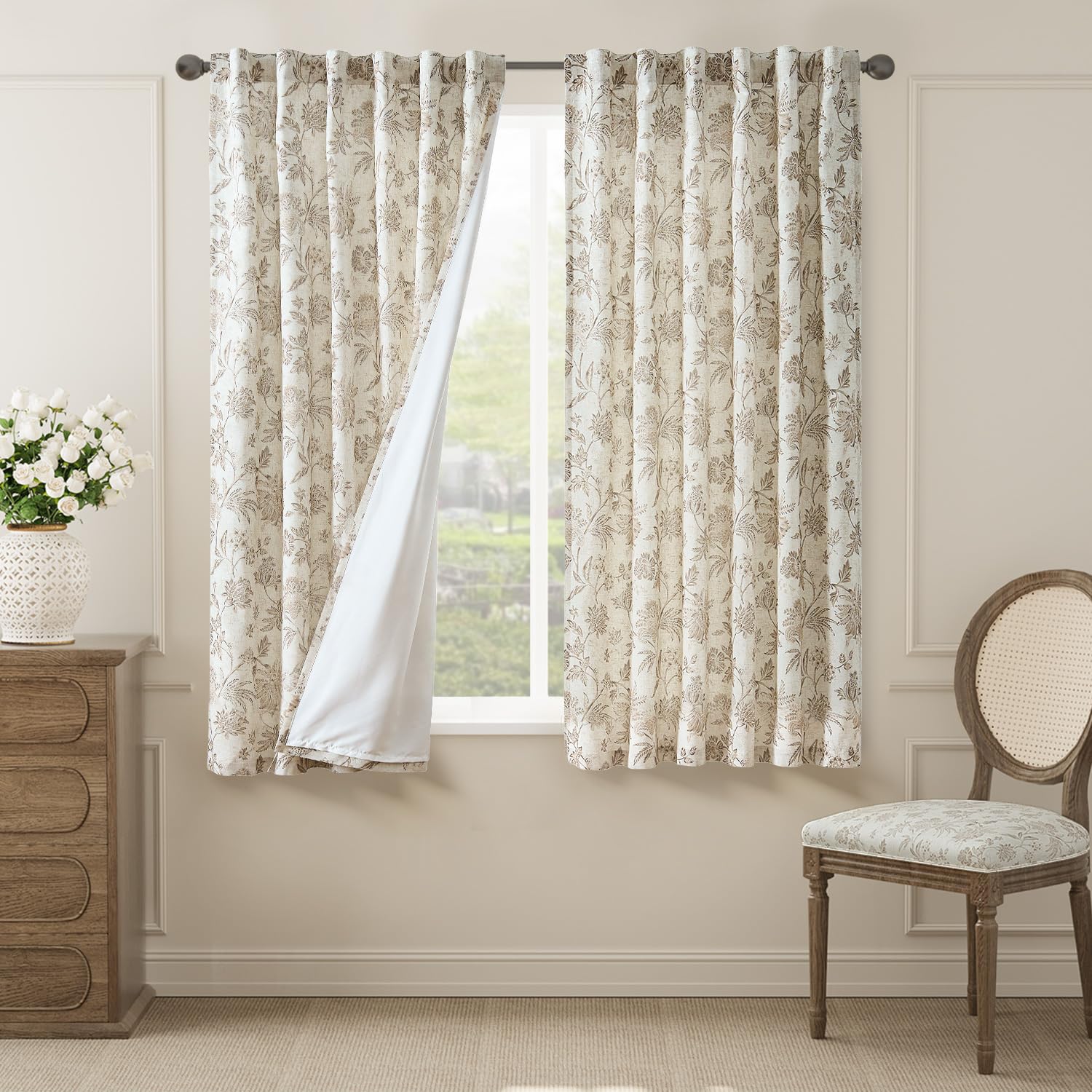 jinchan Linen Floral Curtains for Living Room with Printed Flower 84 Inches Long Light Filtering French Country Back Tab Rod Pocket Taupe Window Curtain Set Farmhouse Drapes 2 Panels Taupe