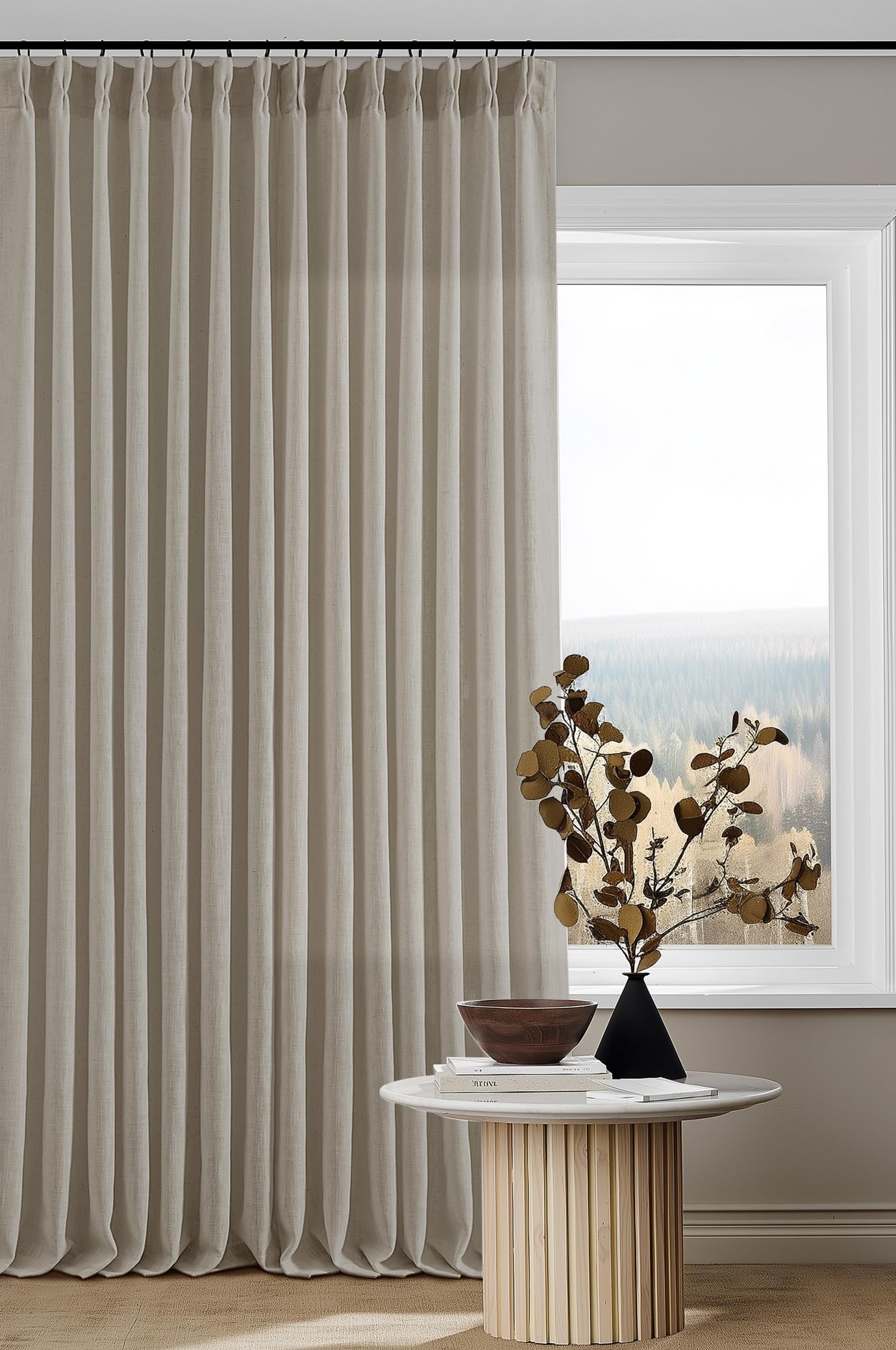 Pinch Pleated Linen Curtains 108 Inches Long for Living Room 2 Panels Set Cream Ivory Flax Double Pleated Drapes Back Tab Neutral Boho Ceiling Floor 108 Inch Window Curtains Bedroom Natural Birch