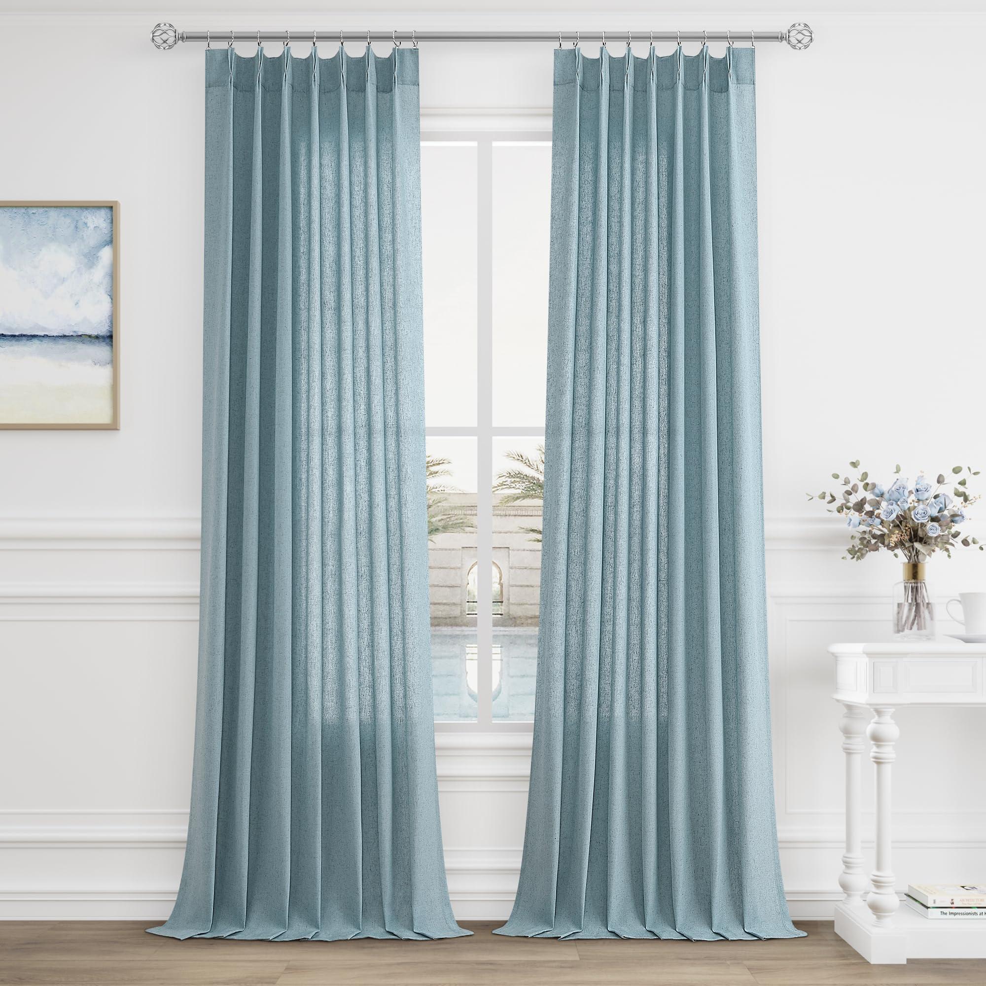Extra Long Linen Curtains 108 Inch for Living Room Cream Pinch Pleated 9 FT Drapes Semi Sheer Ceiling to Floor Curtain for Bedroom Back Tab Flax Neutral Boho Decor Window, Natural Beige Ivory 2 Panels