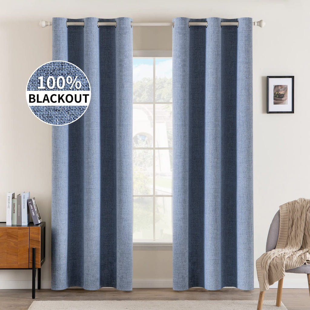 MIULEE Linen Texture Curtains for Bedroom Solid 100% Blackout Thermal Insulated Dusty Blue Curtains Grommet Room Darkening Drapes Luxury Decor for Living Room Nursery 52x84 Inch (2 Panels)