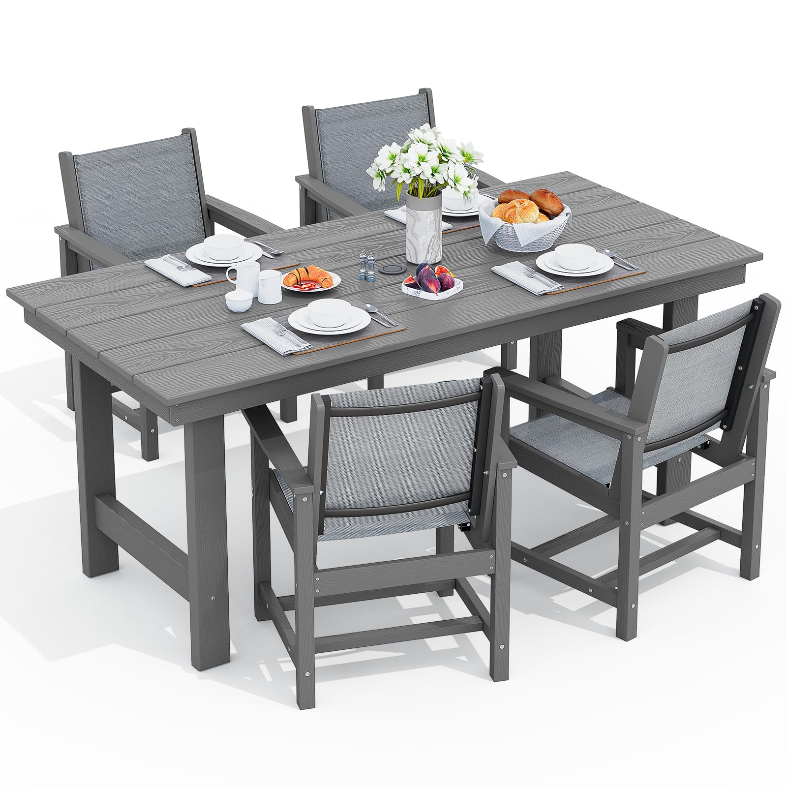 SERWALL Patio Dining Sets for 6 Person, HDPE Dining Set with 6 Armless Chairs, Black