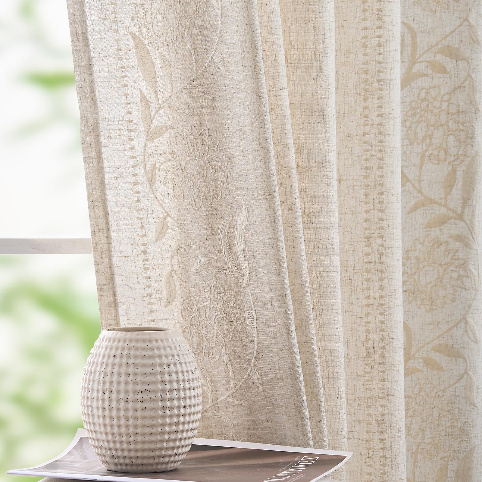 jinchan Winslow Linen Curtains for Bedroom 84 Inches Length Embroidered Bordered Floral Curtains for Living Room Farmhouse Decor Light Filtering Window Treatments Ivory on Beige Drapes 2 Panels