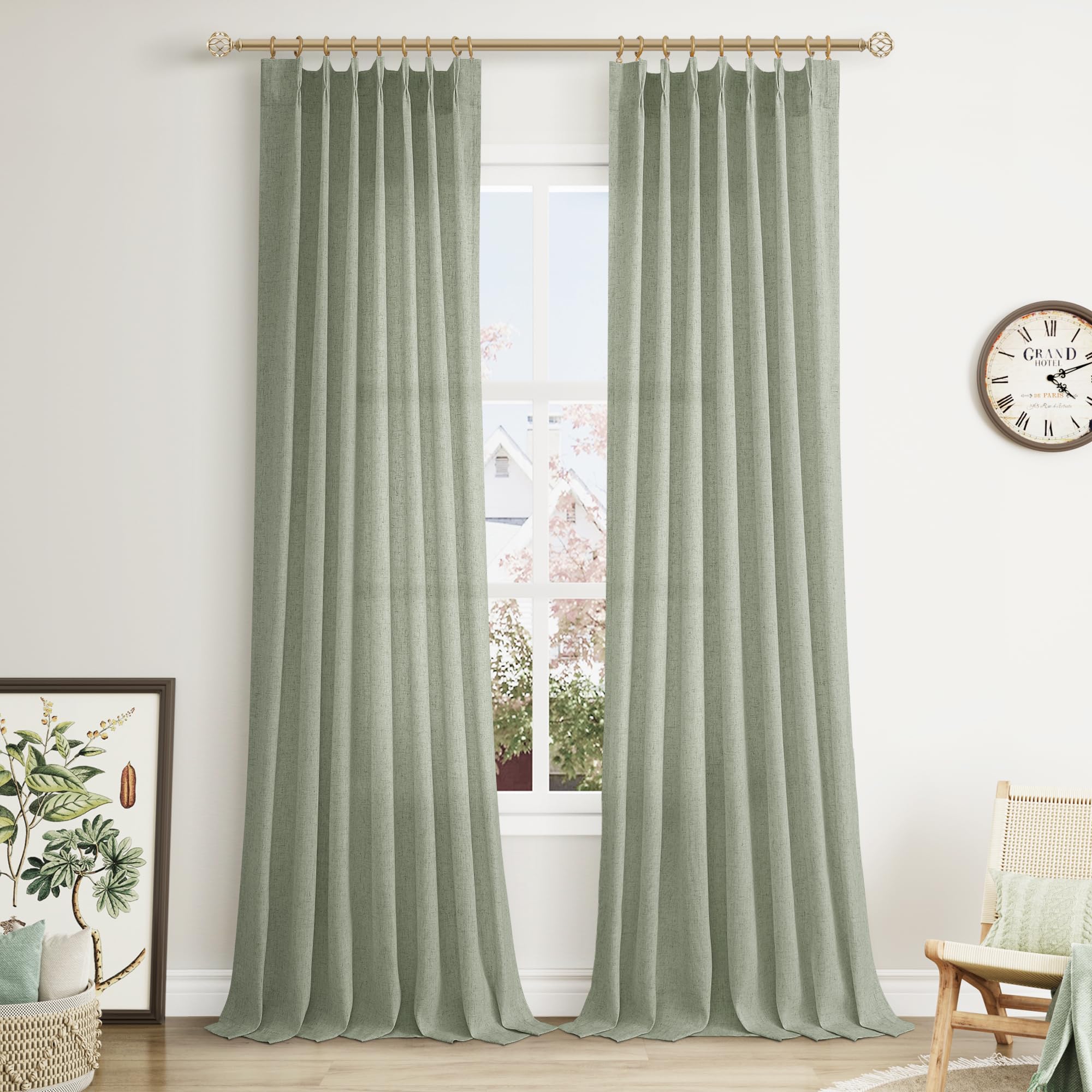 Extra Long Linen Curtains 108 Inch for Living Room Cream Pinch Pleated 9 FT Drapes Semi Sheer Ceiling to Floor Curtain for Bedroom Back Tab Flax Neutral Boho Decor Window, Natural Beige Ivory 2 Panels